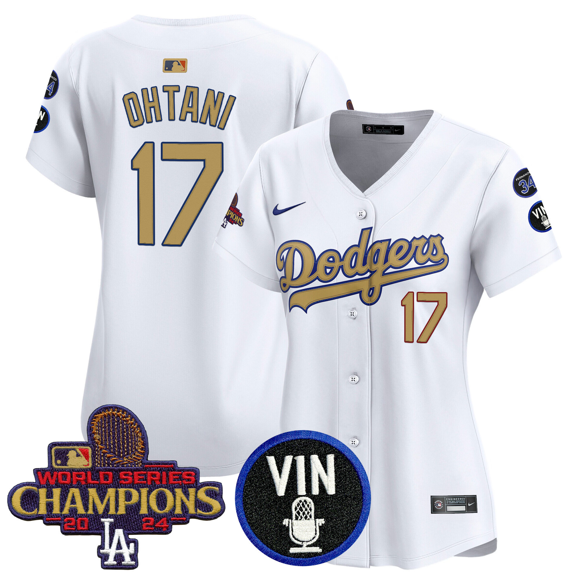 Shohei Ohtani Women's Los Angeles Dodgers 2025 Vin Scully & #34 Fernando Patch Gold Vapor Premier Limited White Jersey - All Stitched
