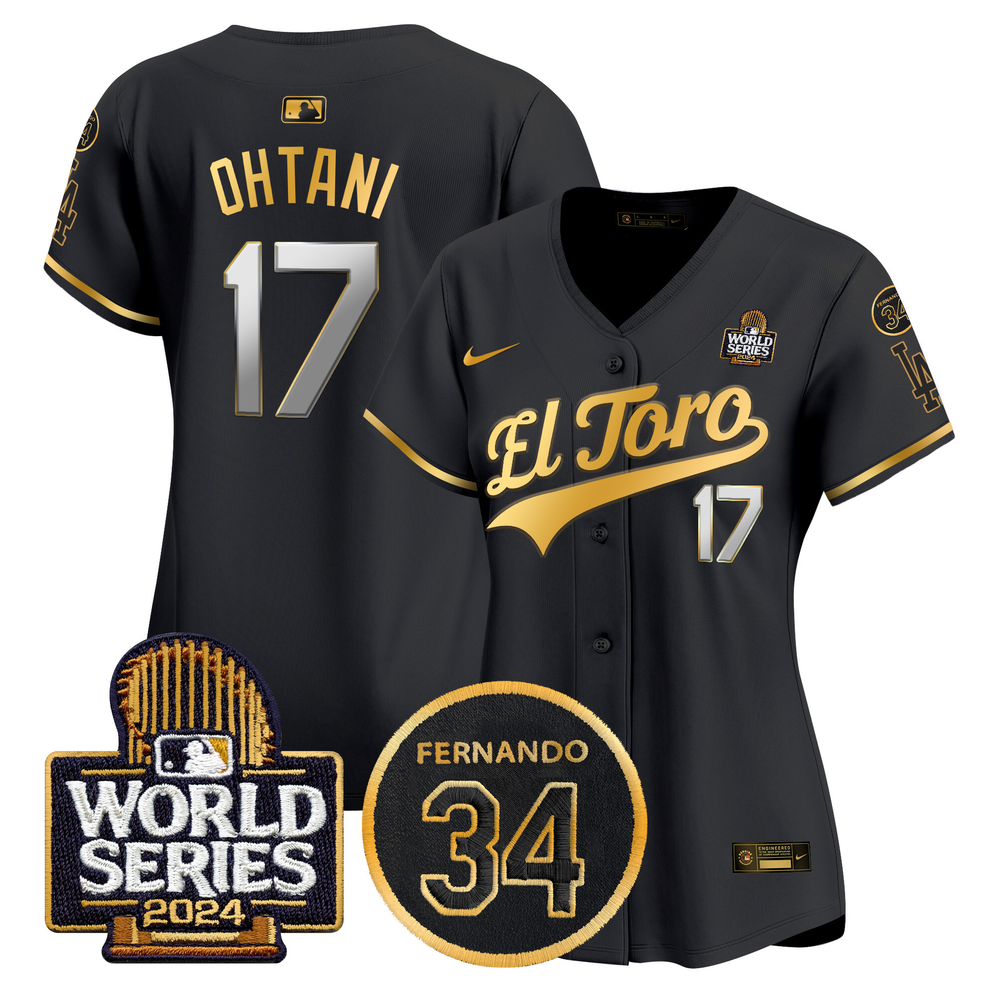Shohei Ohtani Women's Los Angeles Dodgers El Toro 2024 World Series Patch Vapor Premier Limited Black Gold Jersey - All Stitched