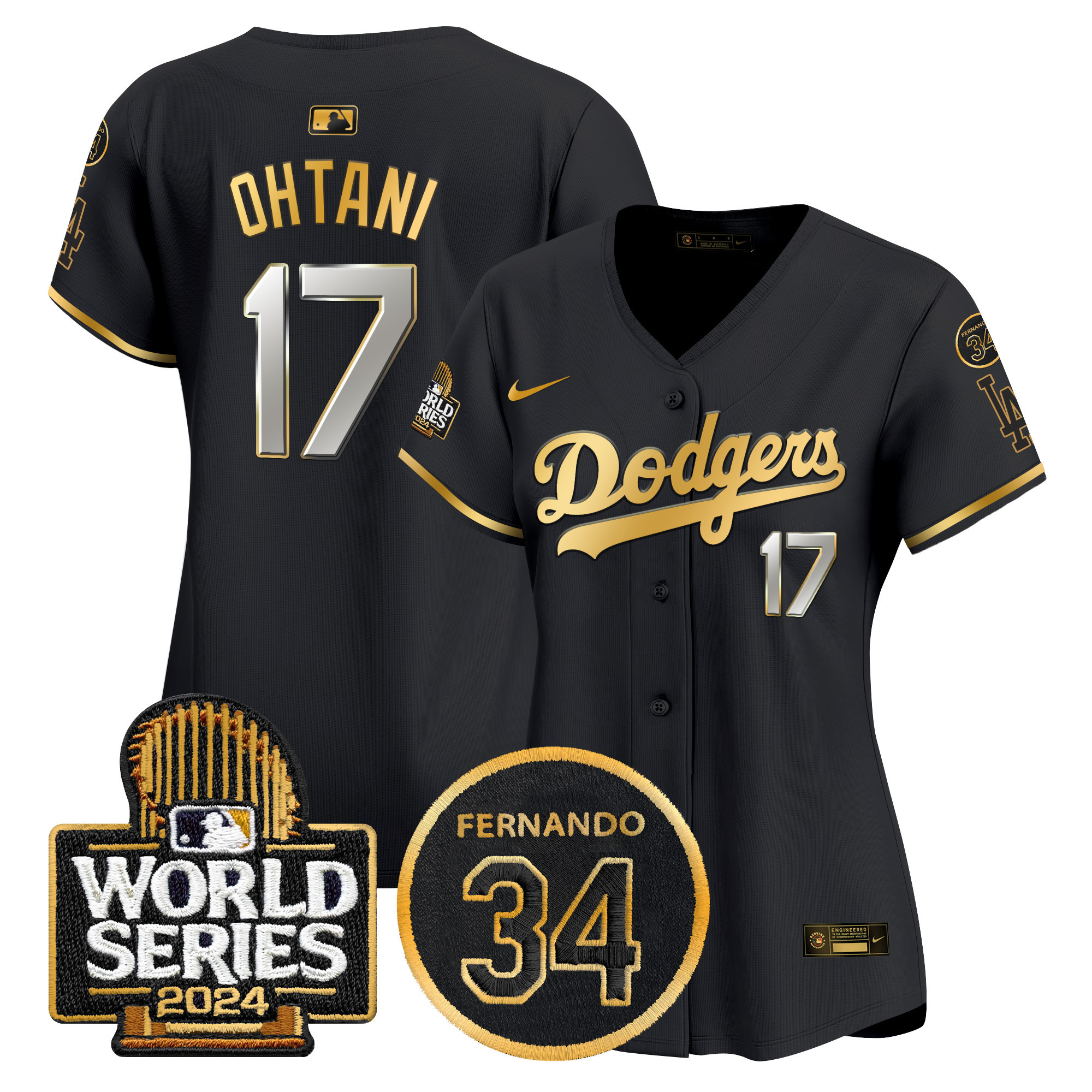 Shohei Ohtani Women's Los Angeles Dodgers Fernando Memorial & 2024 World Series Patch Vapor Premier Limited Black Gold Jersey - All Stitched