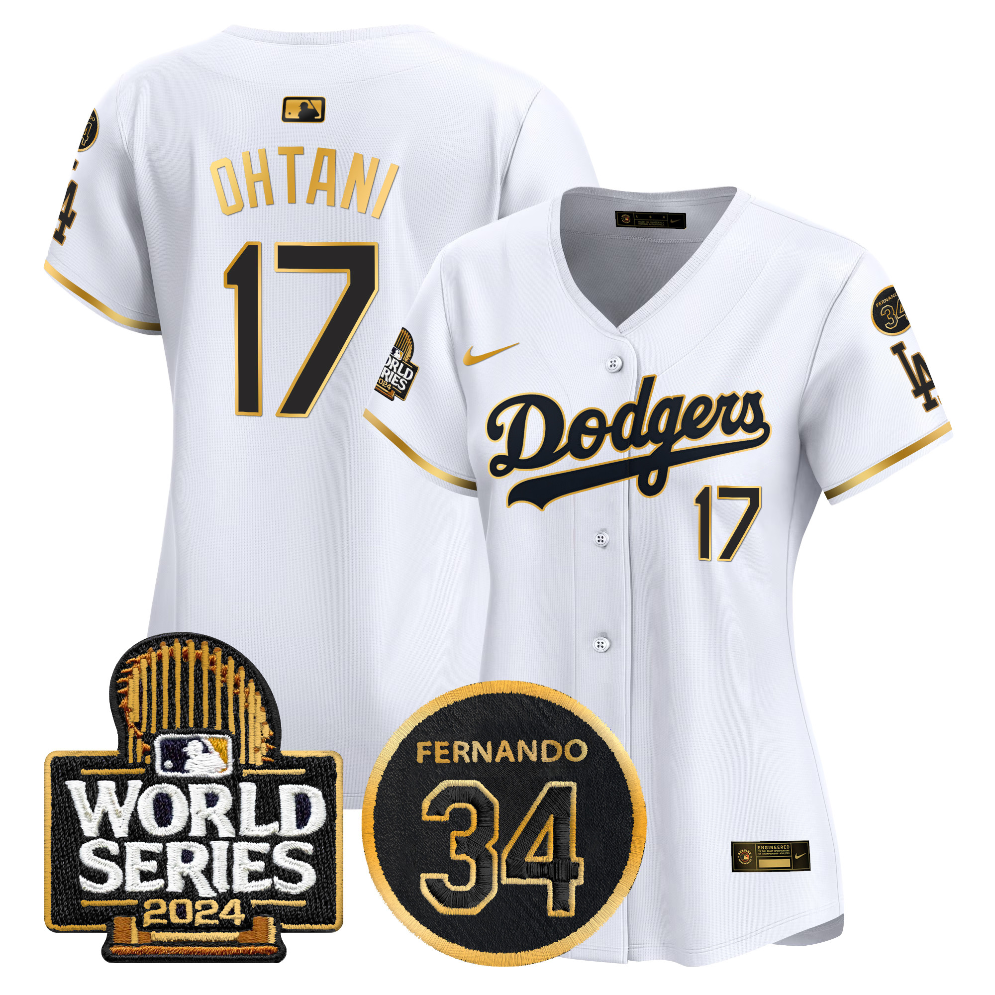 Shohei Ohtani Women's Los Angeles Dodgers Fernando Memorial & 2024 World Series Patch Vapor Premier Limited White Gold Jersey - All Stitched