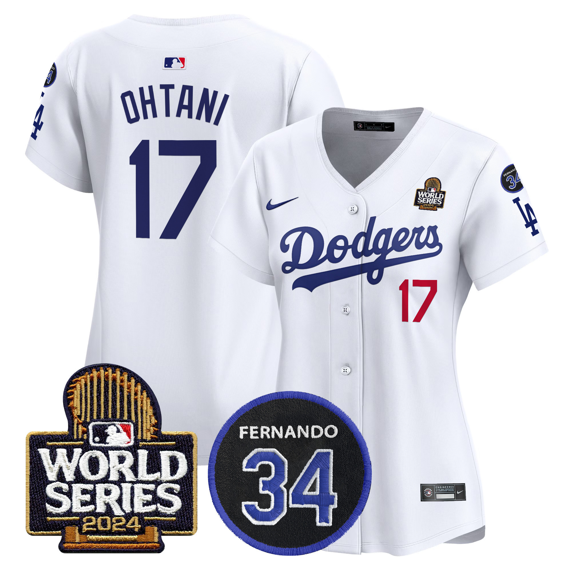 Shohei Ohtani Women's Los Angeles Dodgers Fernando Memorial & 2024 World Series Patch Vapor Premier Limited White Jersey V2 - All Stitched
