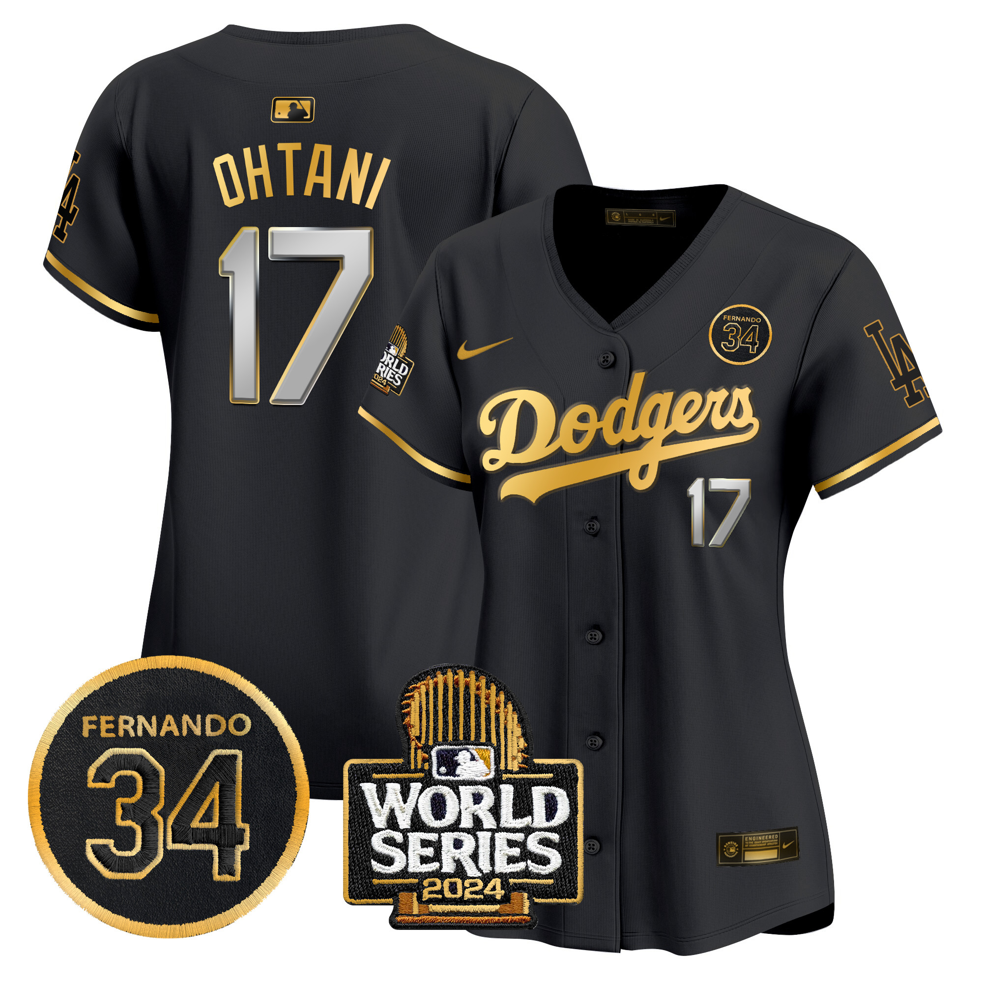 Shohei Ohtani Women's Los Angeles Dodgers Fernando Valenzuela & 2024 World Series Patch Vapor Premier Limited Black Gold Jersey V2 - All Stitched