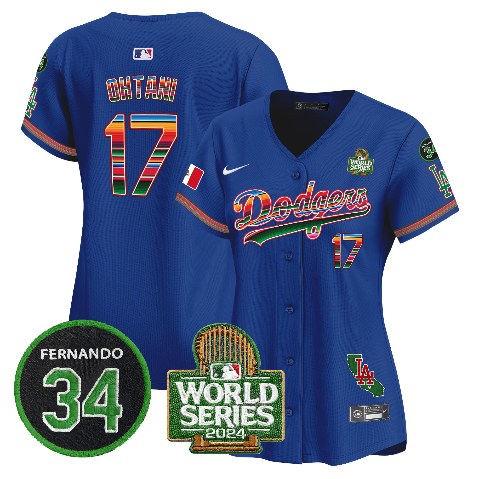 Shohei Ohtani Women's Los Angeles Dodgers Mexico Fernando Memorial & 2024 World Series Patch Vapor Premier Limited Royal Jersey V2 - All Stitched
