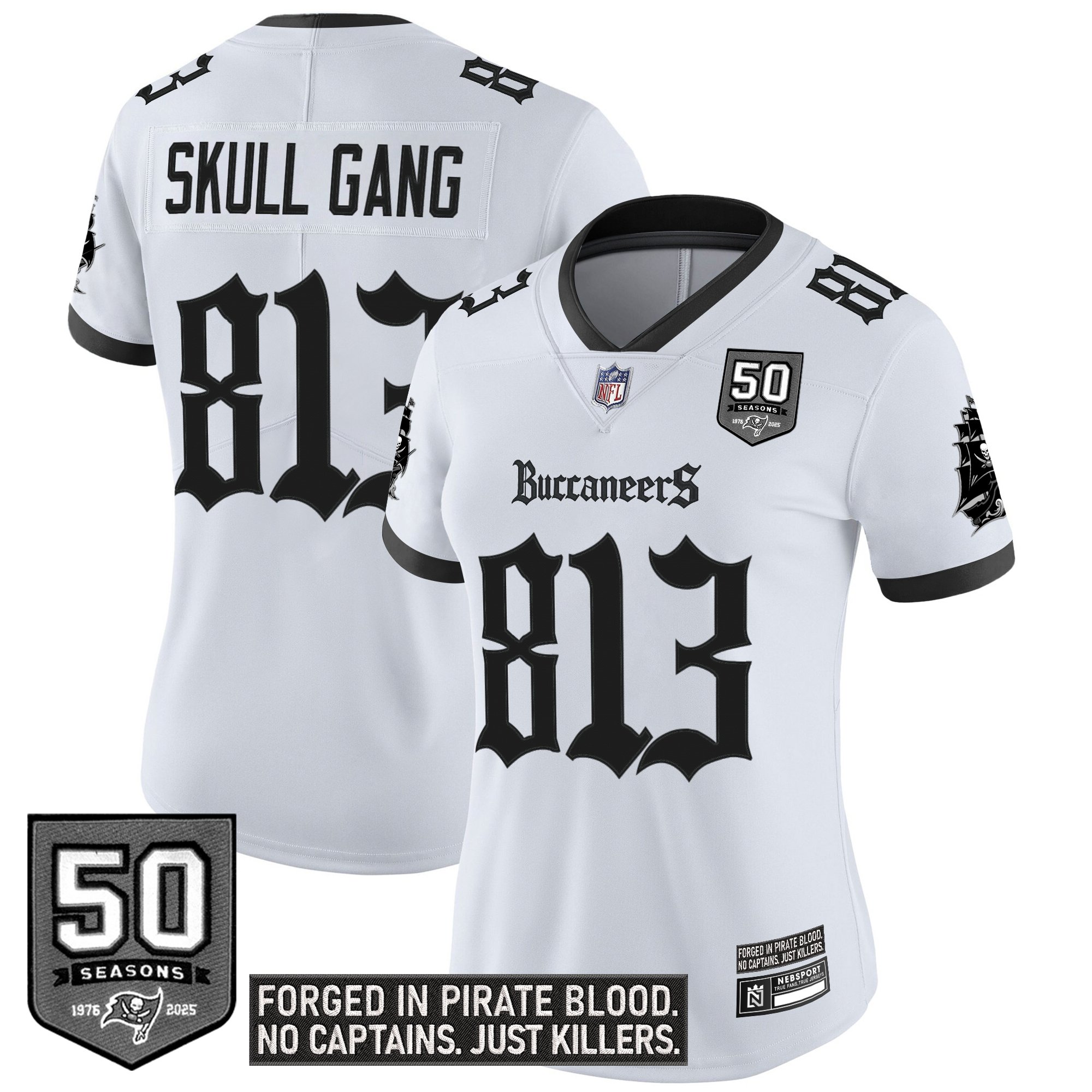 Skull Gang 813 Women's Tampa Bay Buccaneers 'Gothic Pirate Shadows Edition' Vapor Limited White Jersey - All Stitched