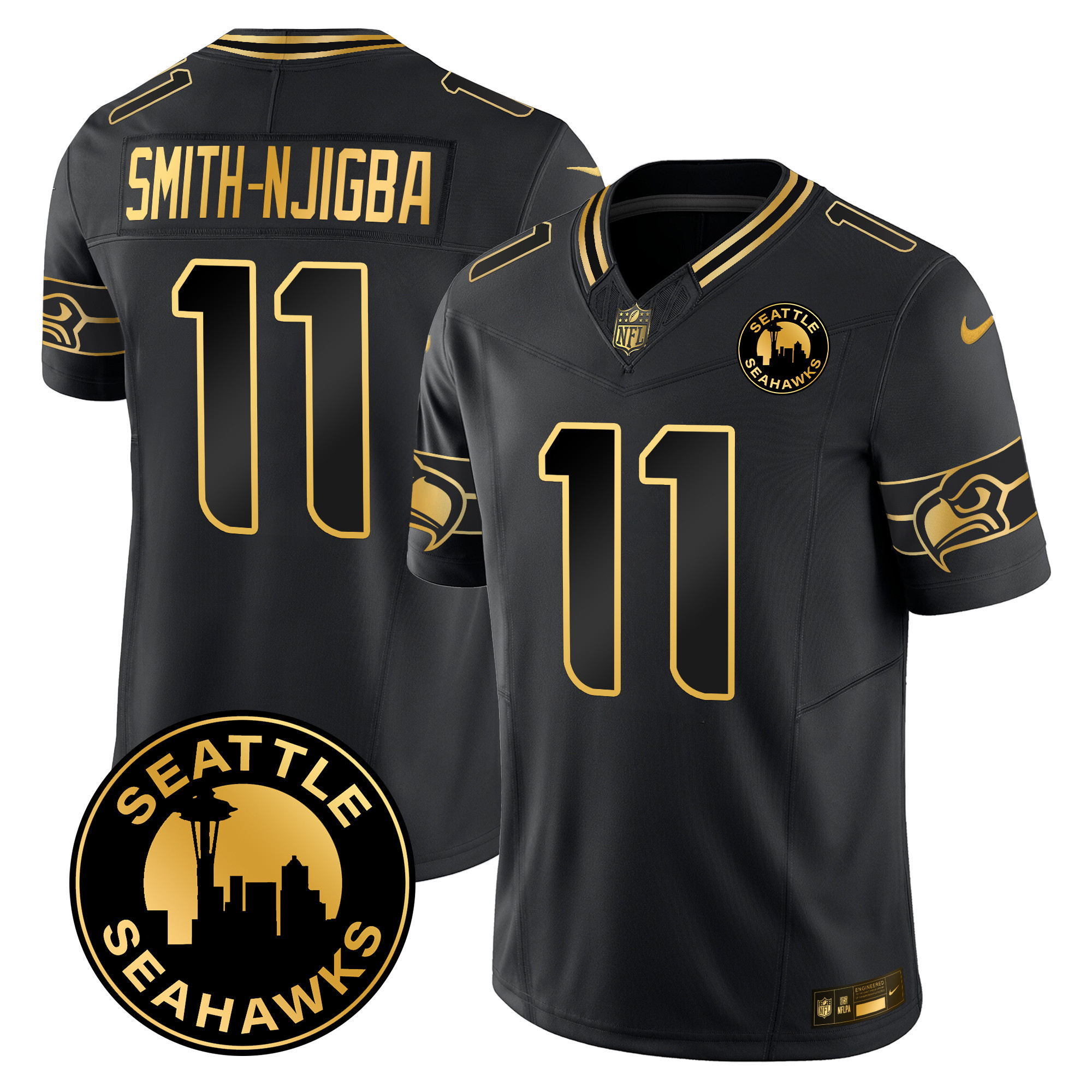 Smith-Njigba Men's Seattle Seahawks 2024 Seattle City Patch Gold Vapor Limited Black Gold Jersey - All Stitched