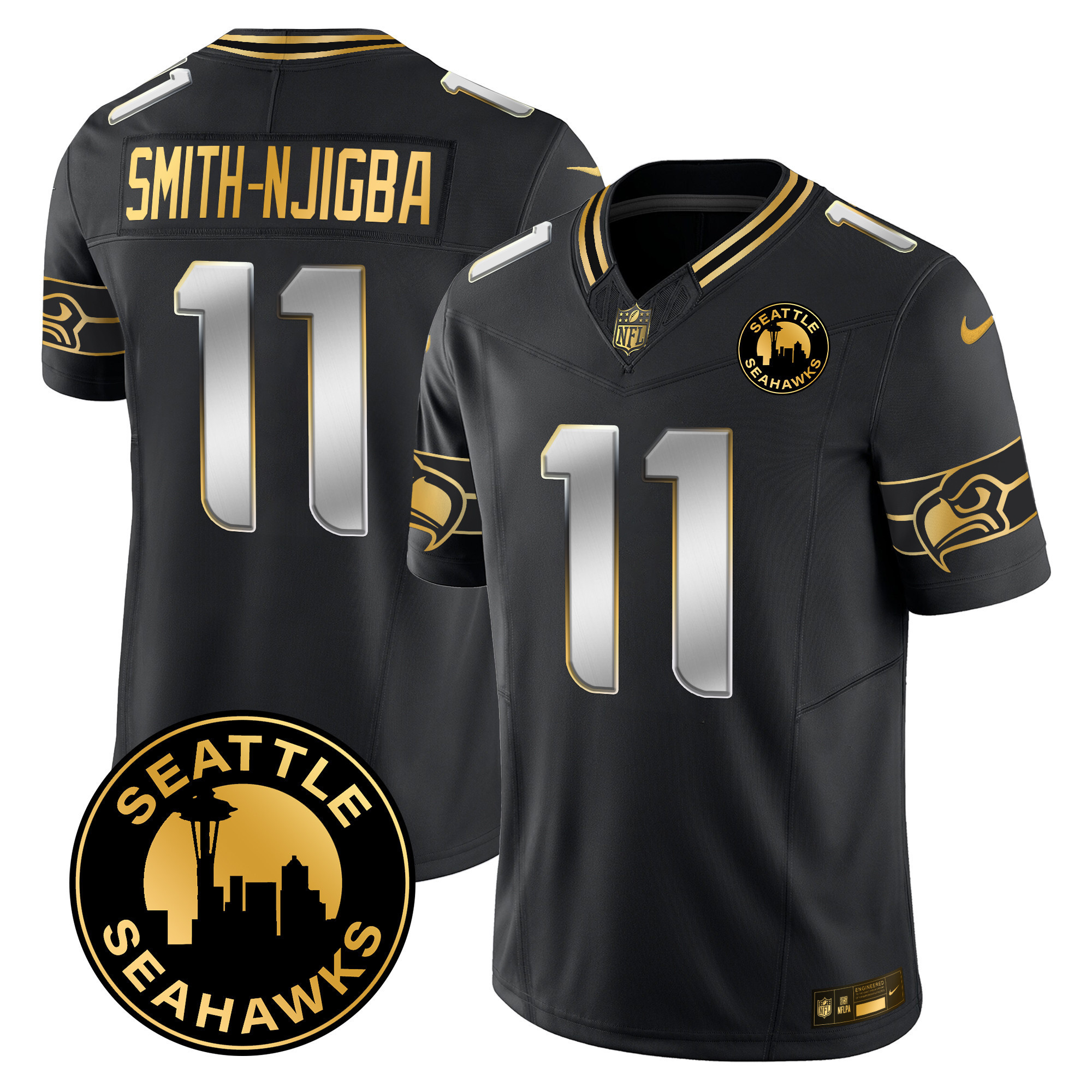 Smith-Njigba Men's Seattle Seahawks 2024 Seattle City Patch Gold Vapor Limited Black Limited Jersey - All Stitched
