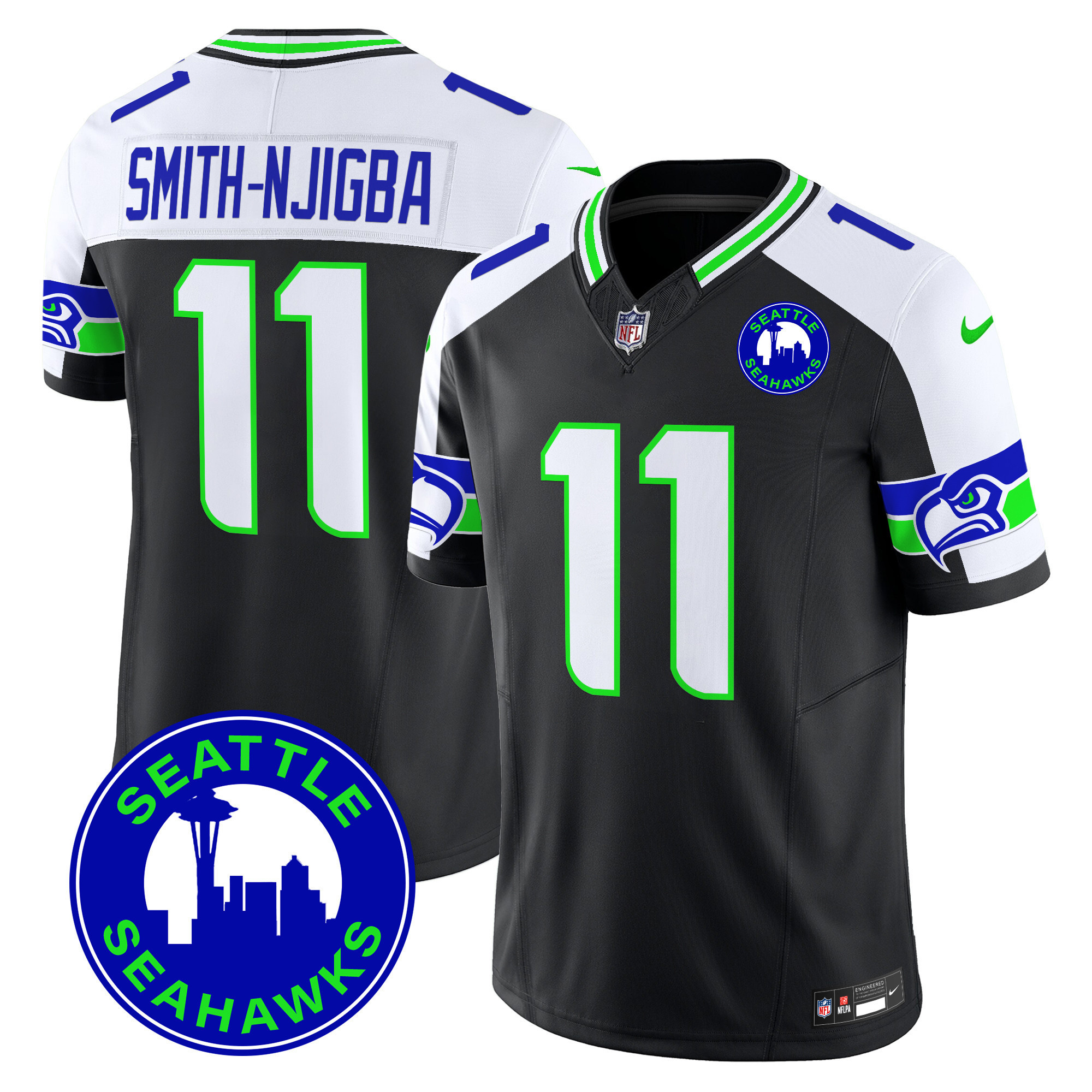 Smith-Njigba Men's Seattle Seahawks 2024 Seattle City Patch Vapor Limited Black Alternate Jersey - All Stitched