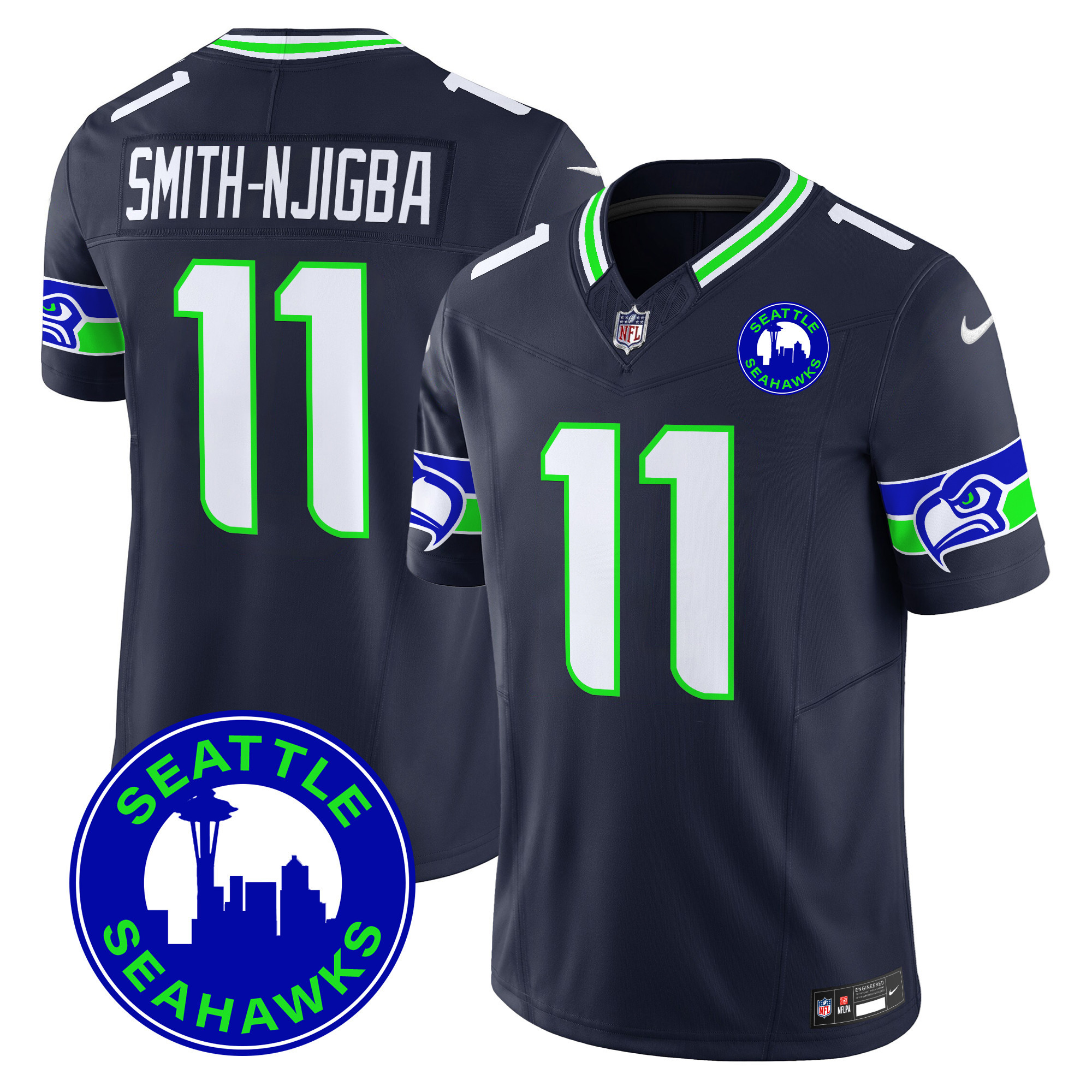 Smith-Njigba Men's Seattle Seahawks 2024 Seattle City Patch Vapor Limited Navy Jersey - All Stitched