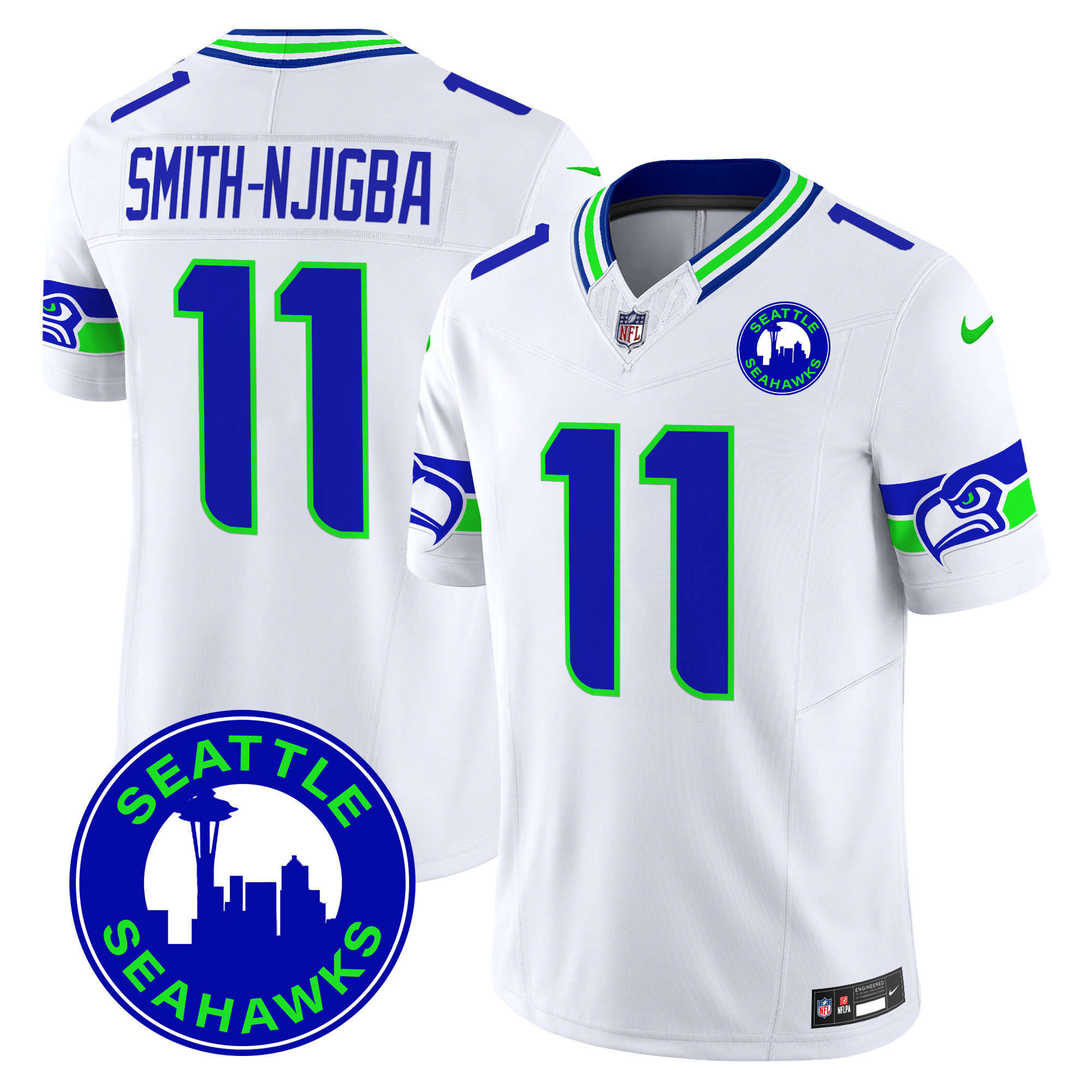 Smith-Njigba Men's Seattle Seahawks 2024 Seattle City Patch Vapor Limited White Jersey - All Stitched