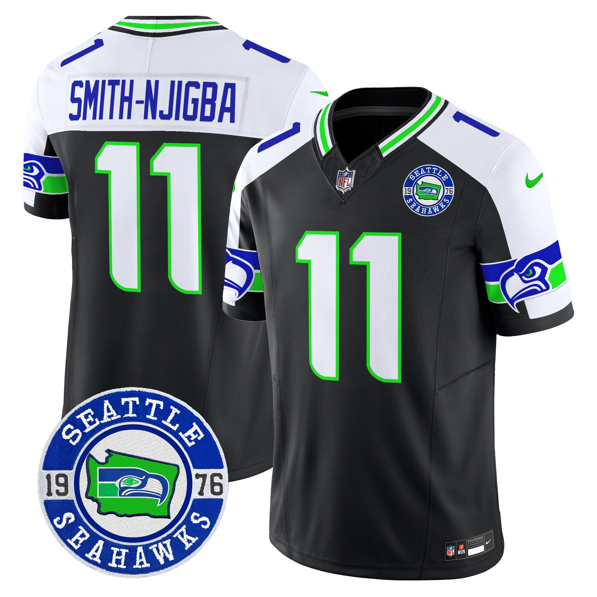 Smith-Njigba Men's Seattle Seahawks 2024 Seattle Est. 1976 Patch Vapor Limited Black Alternate Jersey - All Stitched