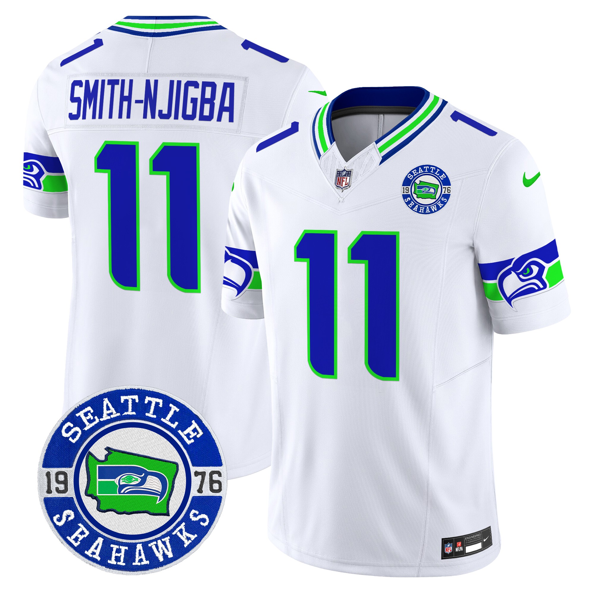Smith-Njigba Men's Seattle Seahawks 2024 Seattle Est. 1976 Patch Vapor Limited White Jersey - All Stitched