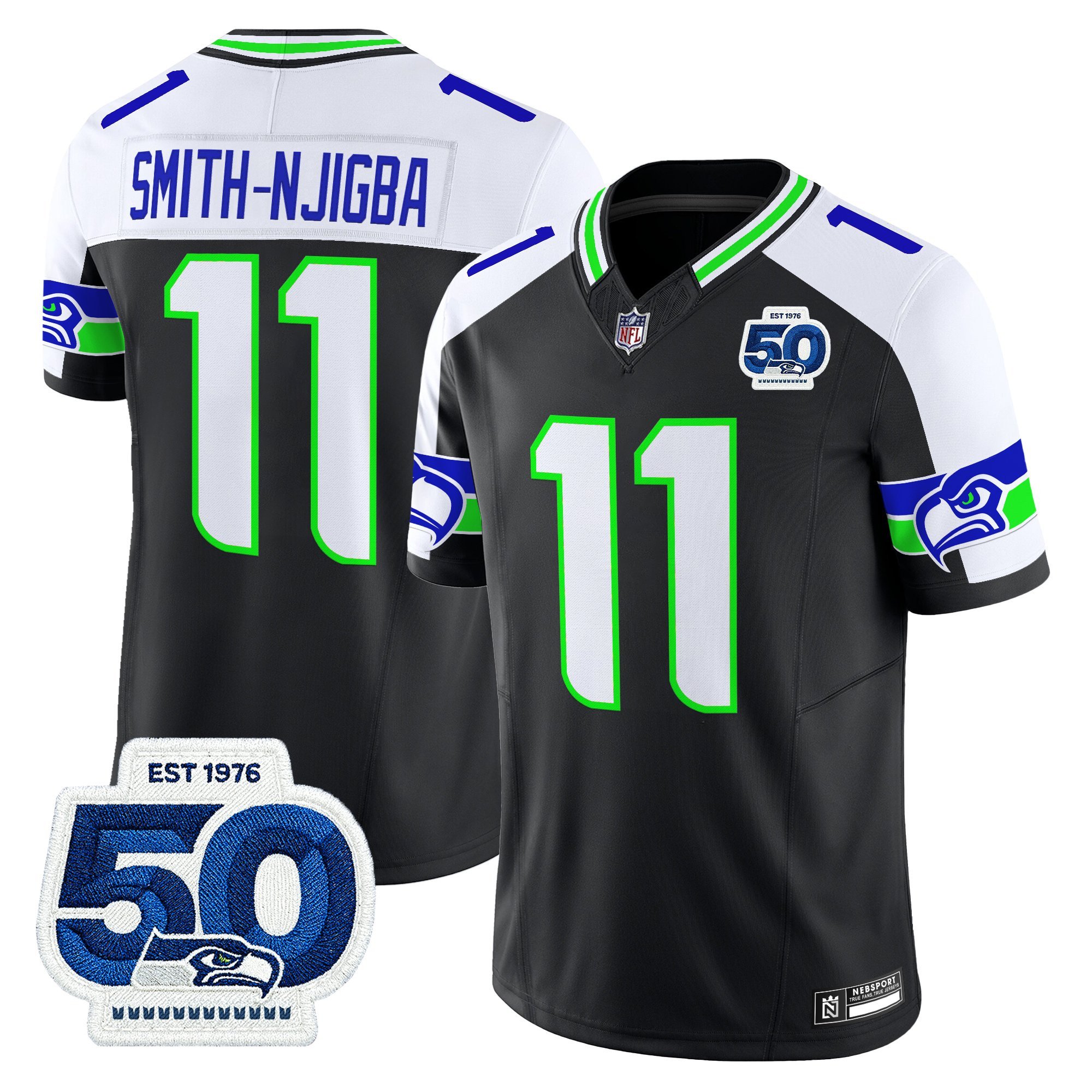 Smith-Njigba Men's Seattle Seahawks 50th Anniversary Patch Vapor Limited Black Alternate Jersey - All Stitched