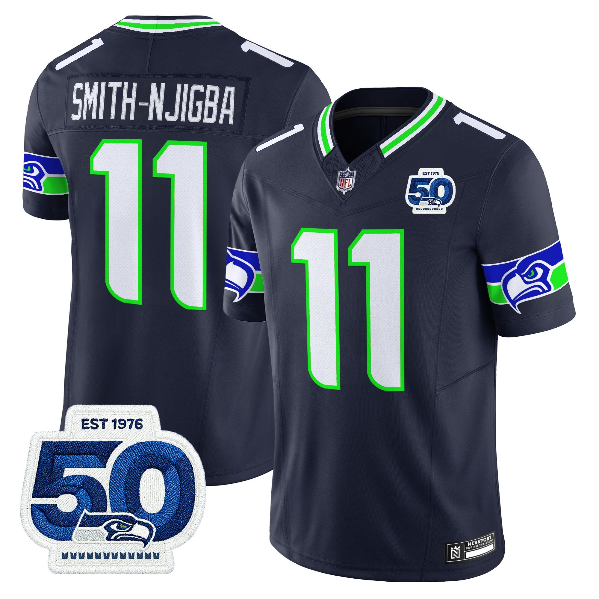 Smith-Njigba Men's Seattle Seahawks 50th Anniversary Patch Vapor Limited Navy Jersey - All Stitched