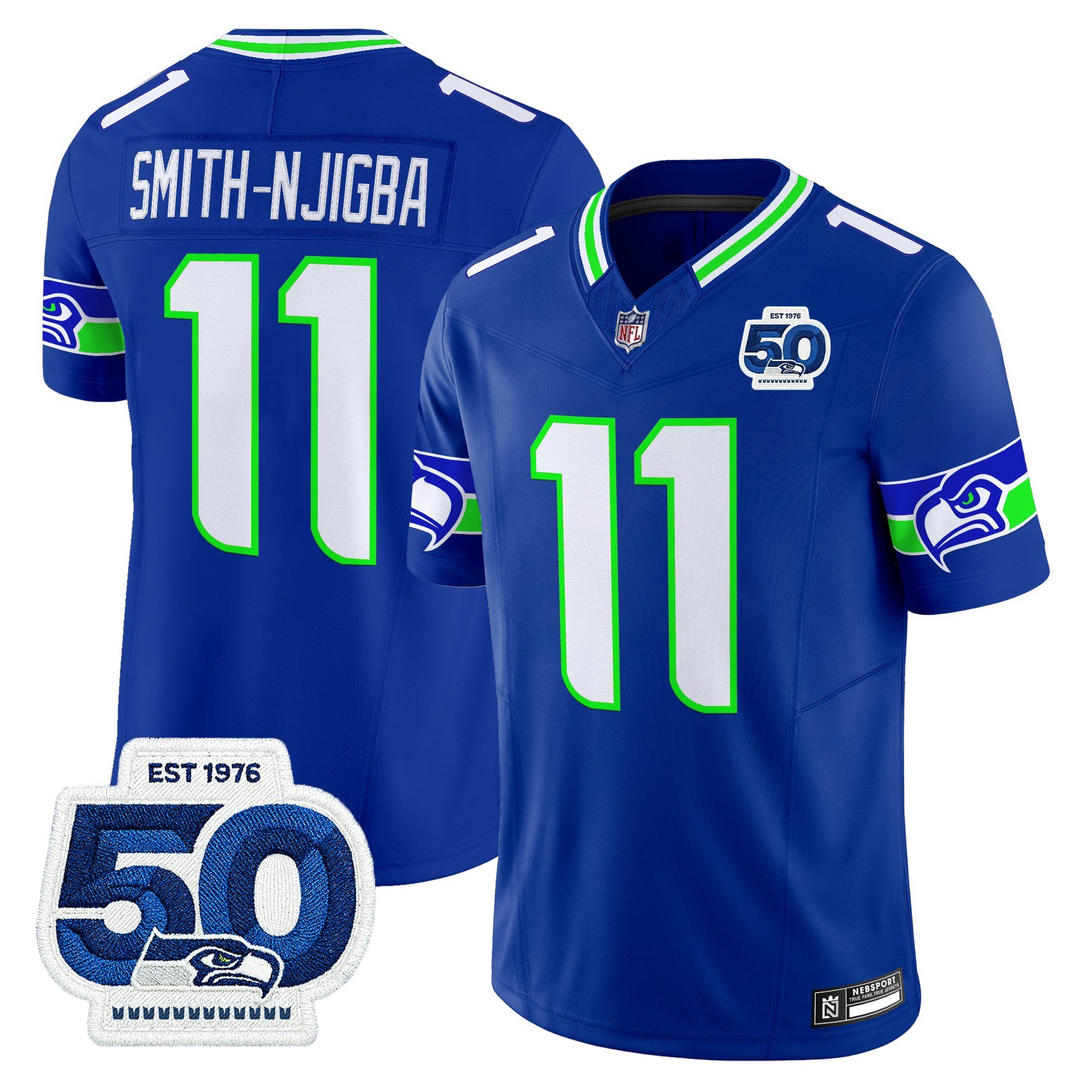 Smith-Njigba Men's Seattle Seahawks 50th Anniversary Patch Vapor Limited Royal Jersey - All Stitched