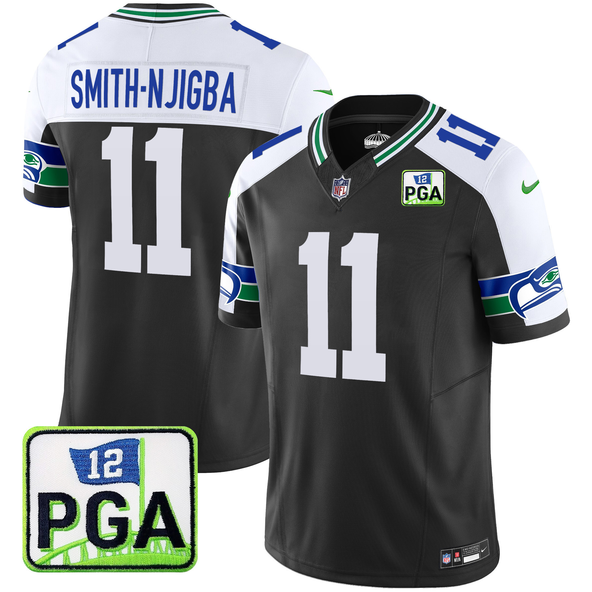 Smith-Njigba Men's Seattle Seahawks PGA Patch Vapor Limited Black Alternate Jersey - All Stitched