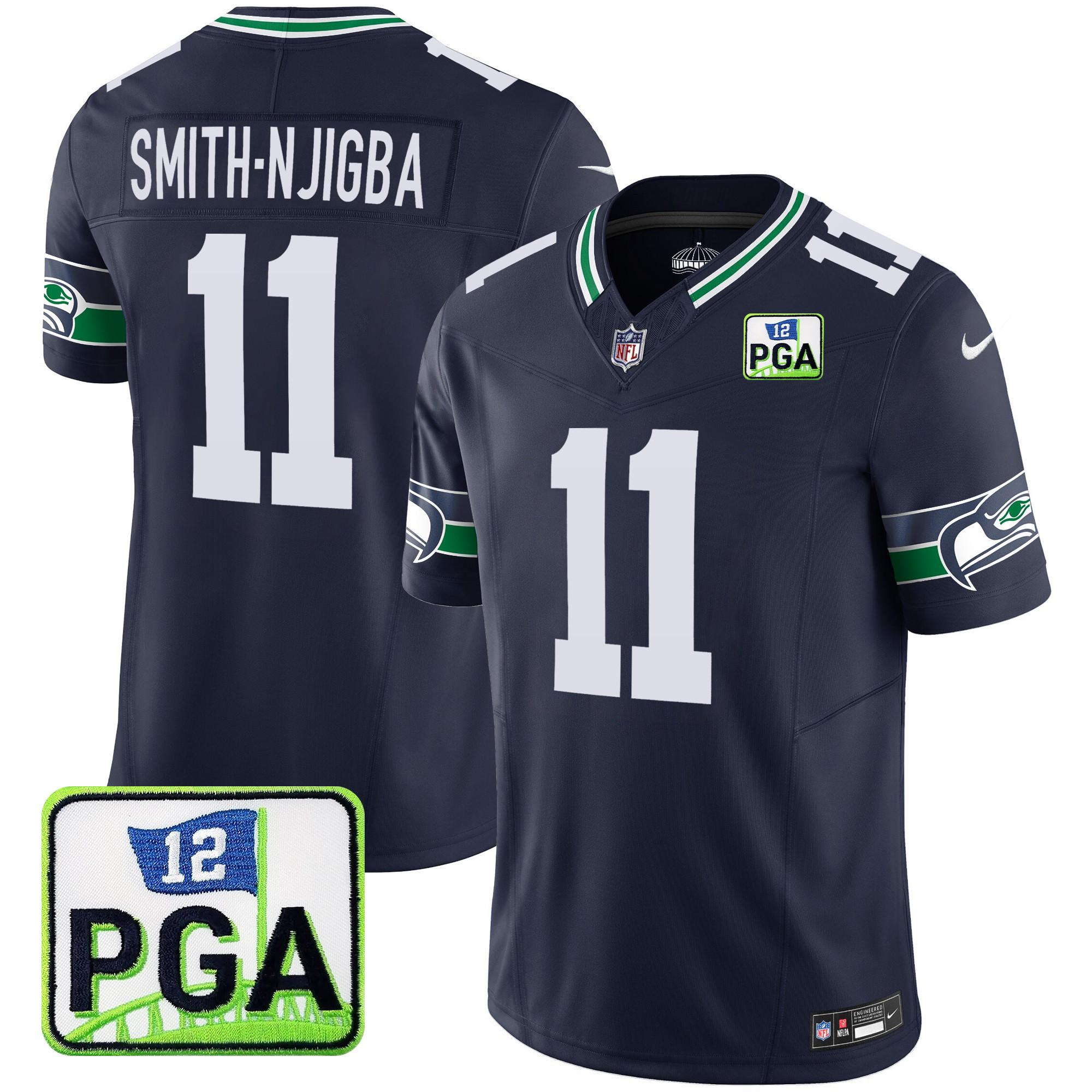 Smith-Njigba Men's Seattle Seahawks PGA Patch Vapor Limited Navy Jersey - All Stitched