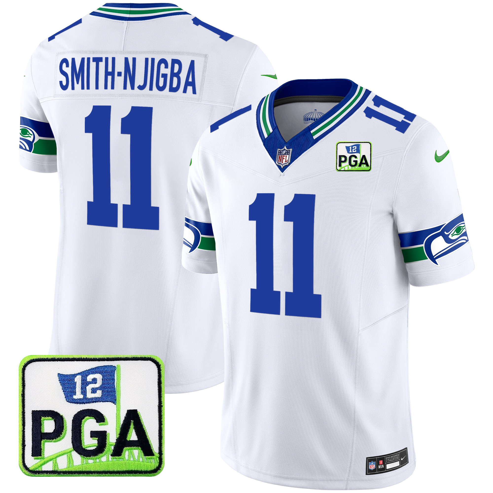 Smith-Njigba Men's Seattle Seahawks PGA Patch Vapor Limited White Jersey - All Stitched