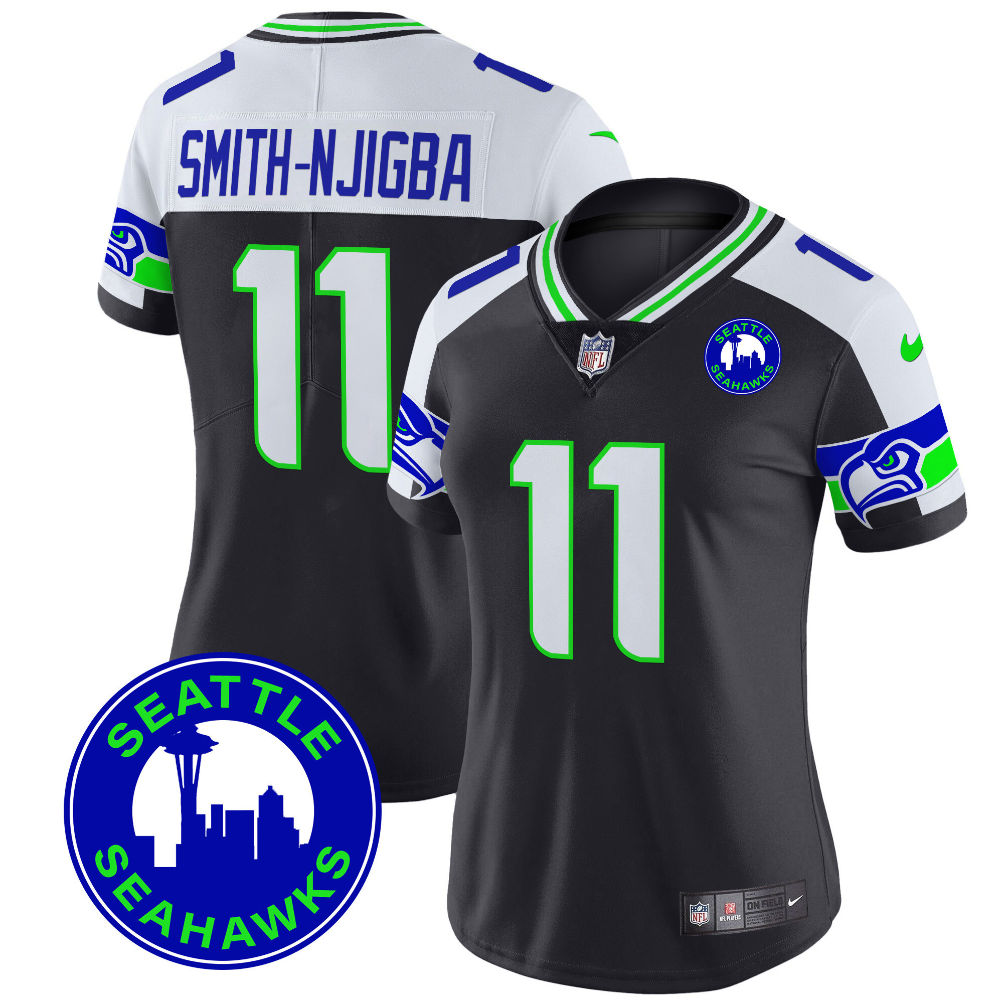 Smith-Njigba Women's Seattle Seahawks 2024 Seattle City Patch Vapor Limited Black Alternate Jersey - All Stitched