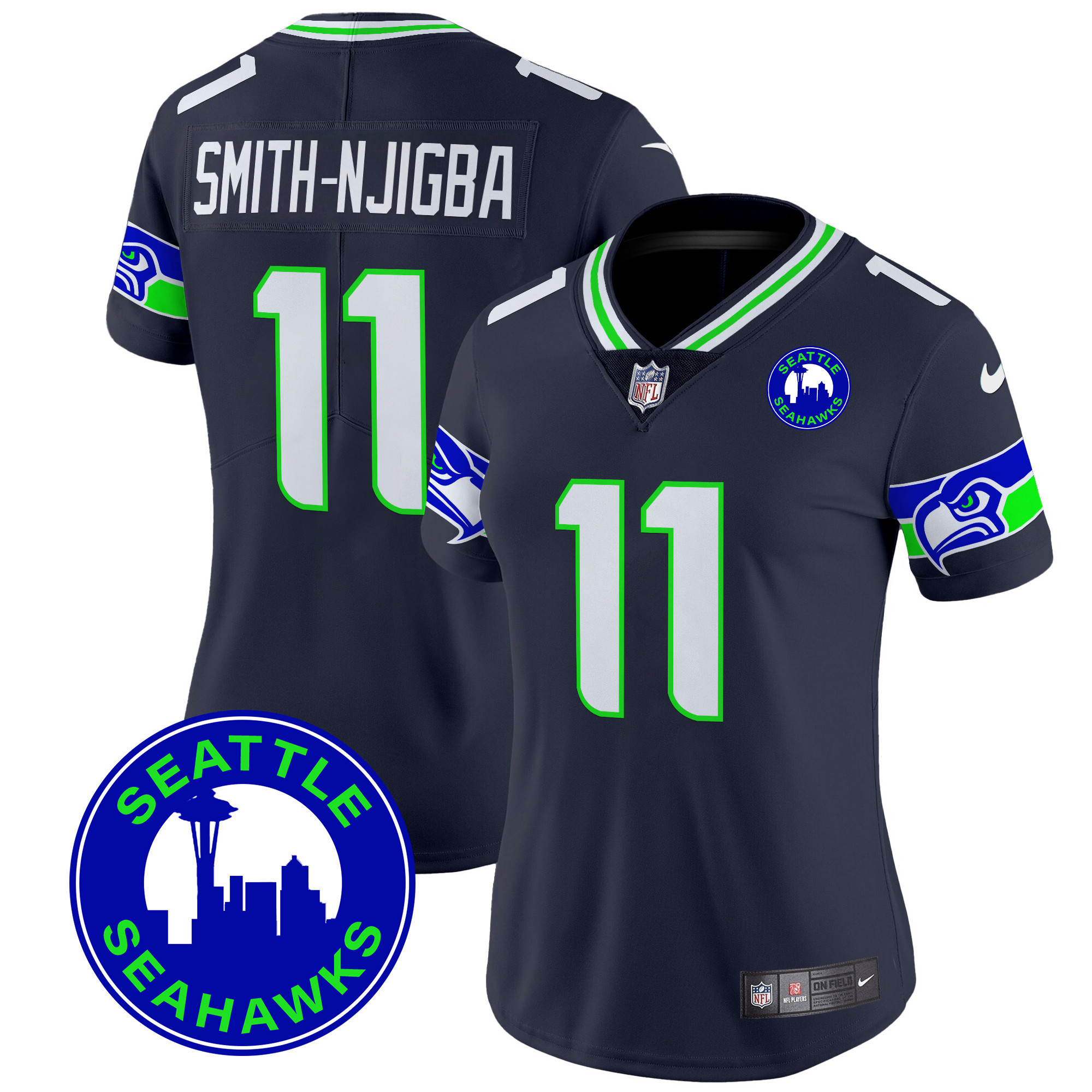 Smith-Njigba Women's Seattle Seahawks 2024 Seattle City Patch Vapor Limited Navy Jersey - All Stitched