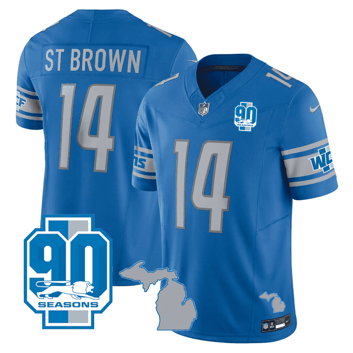 St Brown Men's Detroit Lions Michigan State & 90th Year Patch Blue Jersey - All Stitched