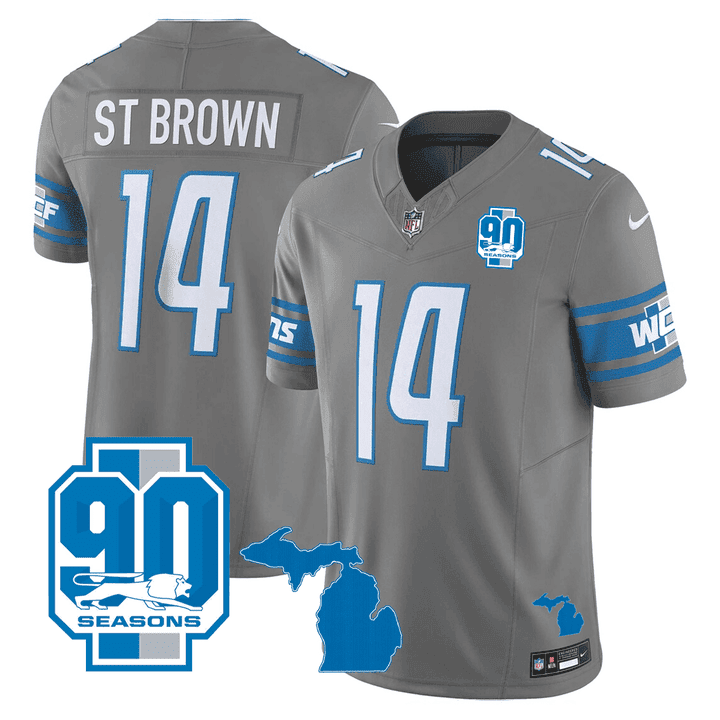 St Brown Men's Detroit Lions Michigan State & 90th Year Patch Gray Jersey - All Stitched