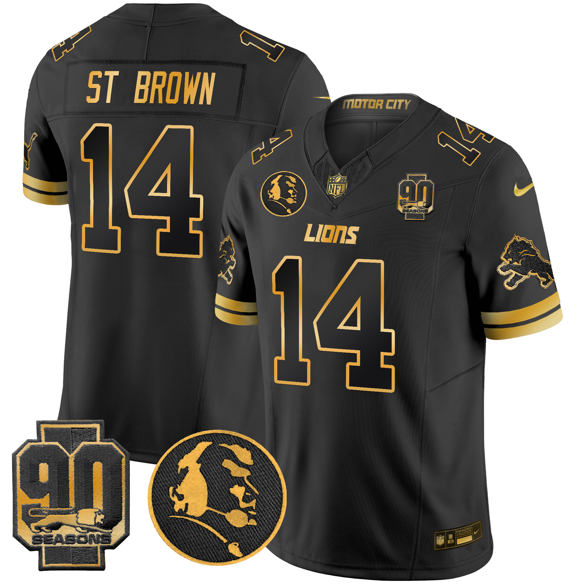 St. Brown Men's Detroit Lions 2024 90th & John Madden Patch Gold Vapor Limited Black Gold Jersey - All Stitched