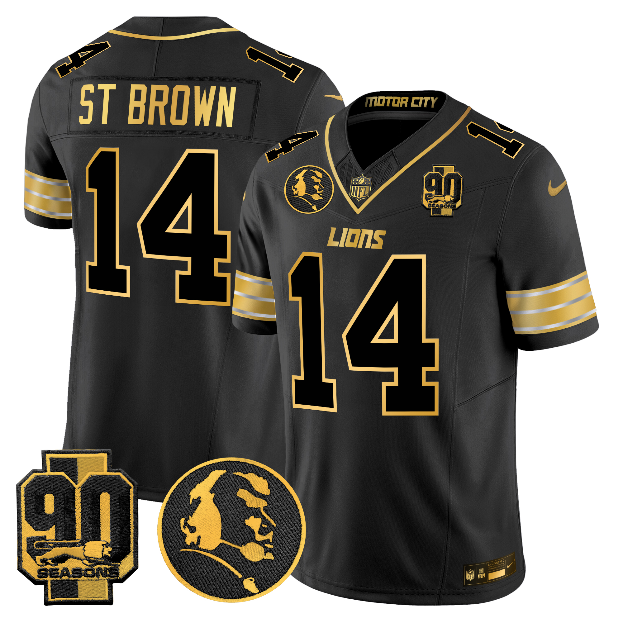 St. Brown Men's Detroit Lions 2024 90th & John Madden Patch Gold Vapor Limited Black Gold Jersey - All Stitched
