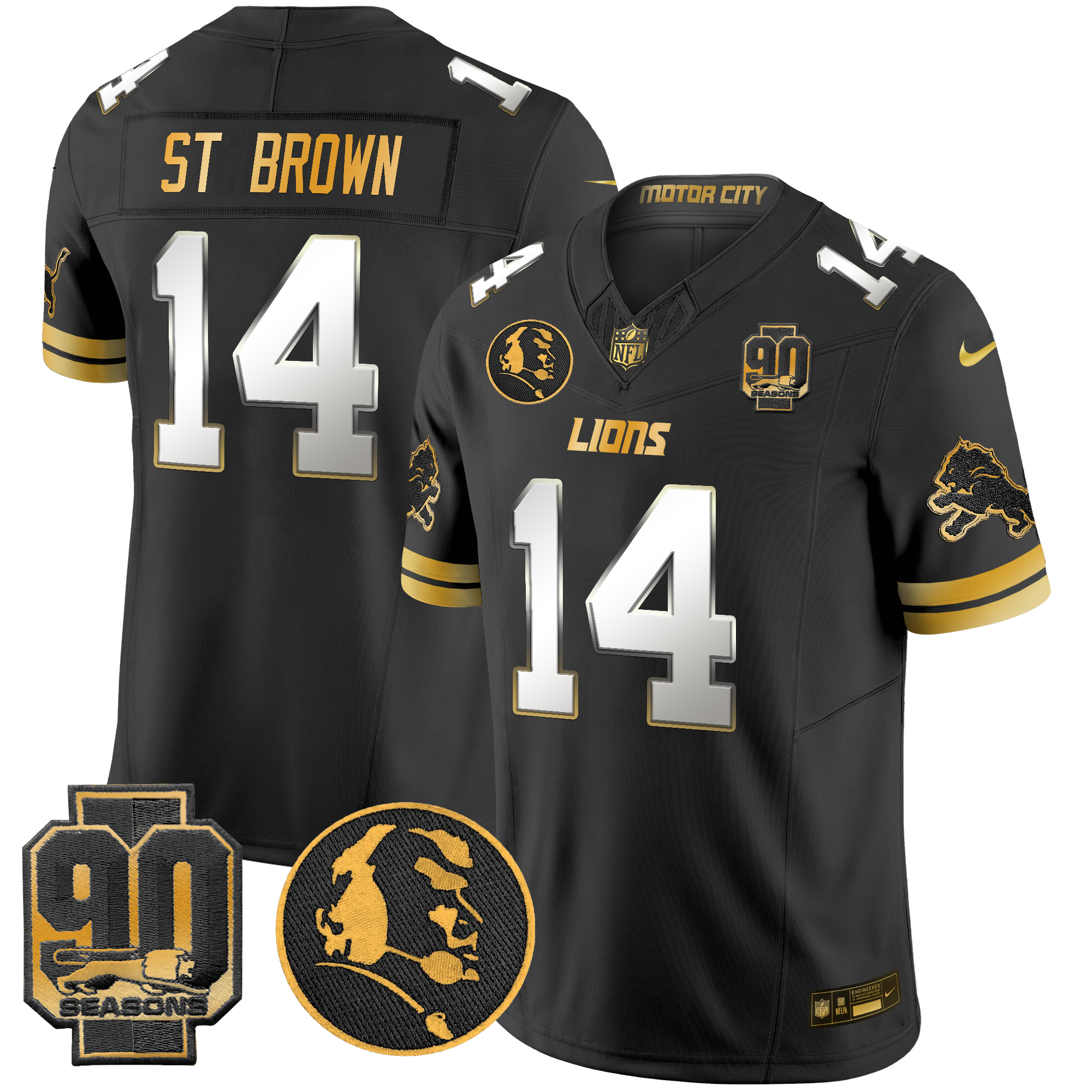 St. Brown Men's Detroit Lions 2024 90th & John Madden Patch Gold Vapor Limited Black Limited Jersey - All Stitched