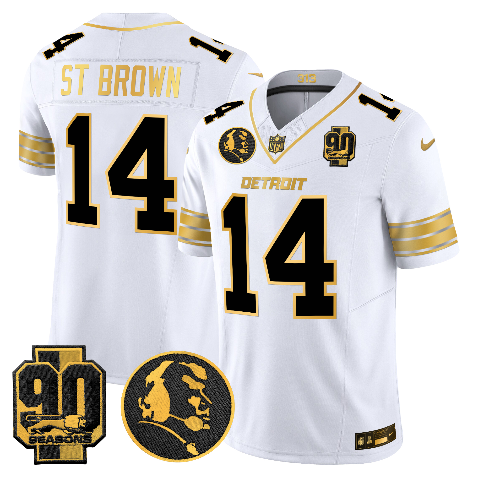 St. Brown Men's Detroit Lions 2024 90th & John Madden Patch Gold Vapor Limited White Gold Jersey - All Stitched