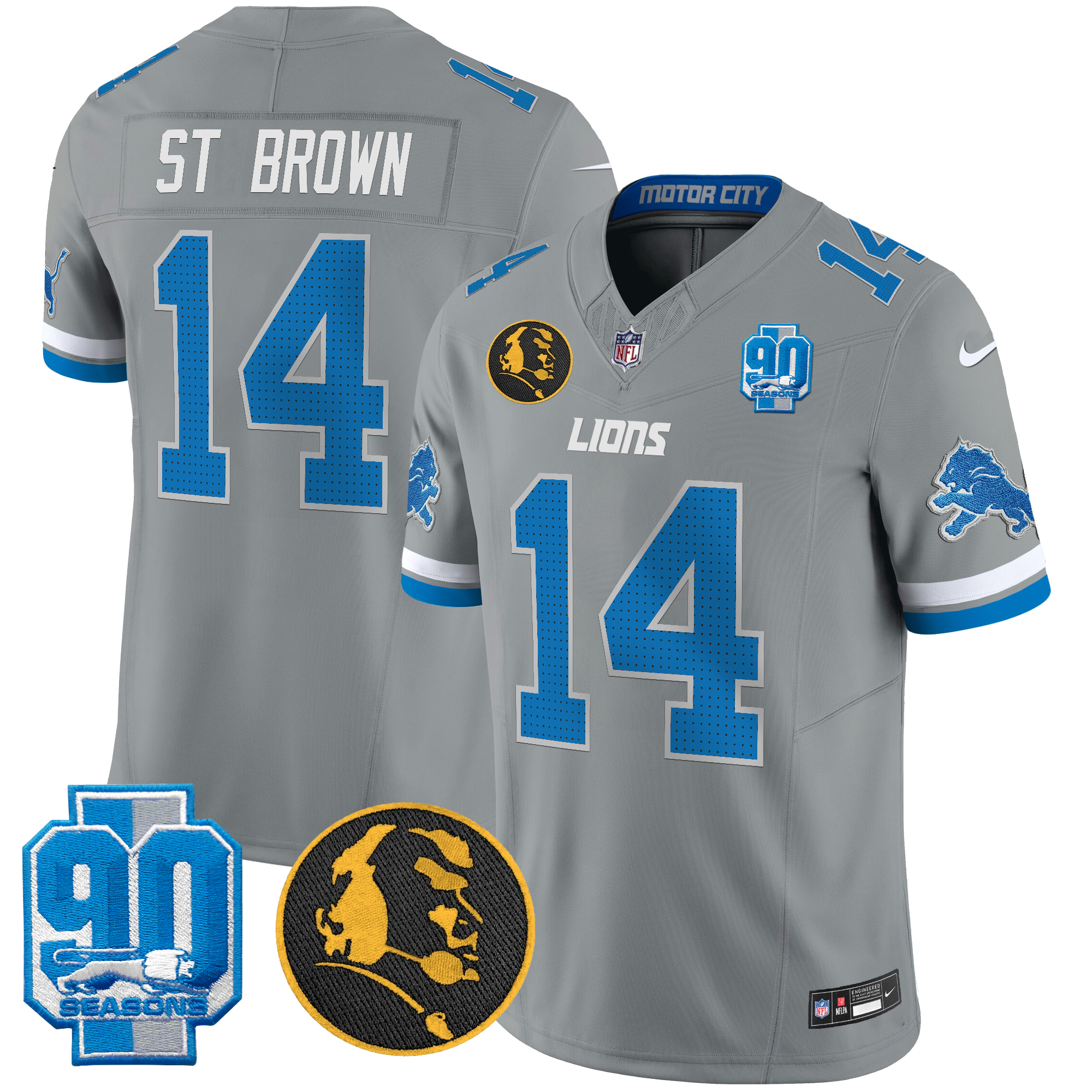 St. Brown Men's Detroit Lions 2024 90th & John Madden Patch Vapor Limited Gray Jersey - All Stitched
