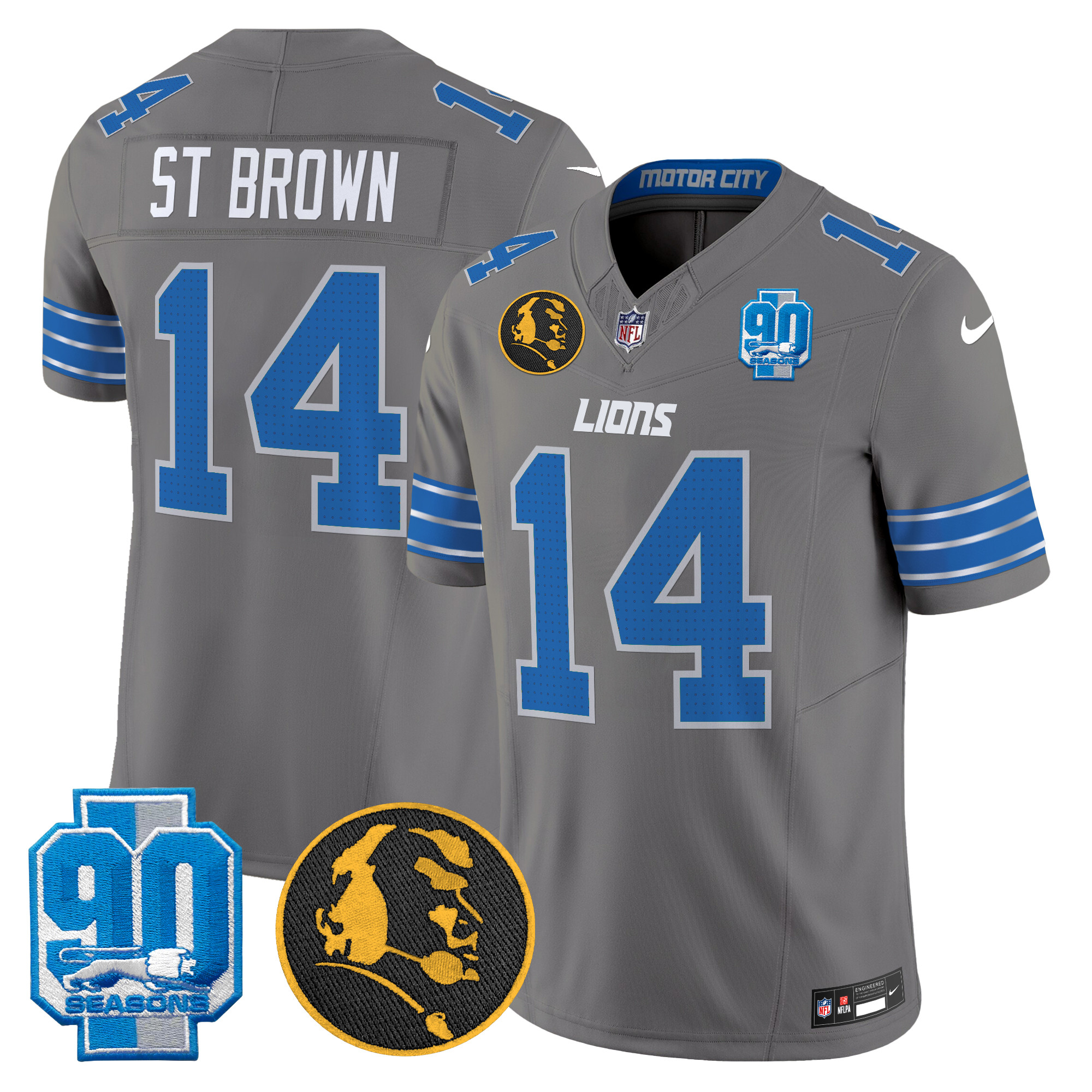 St. Brown Men's Detroit Lions 2024 90th & John Madden Patch Vapor Limited Gray Jersey - All Stitched
