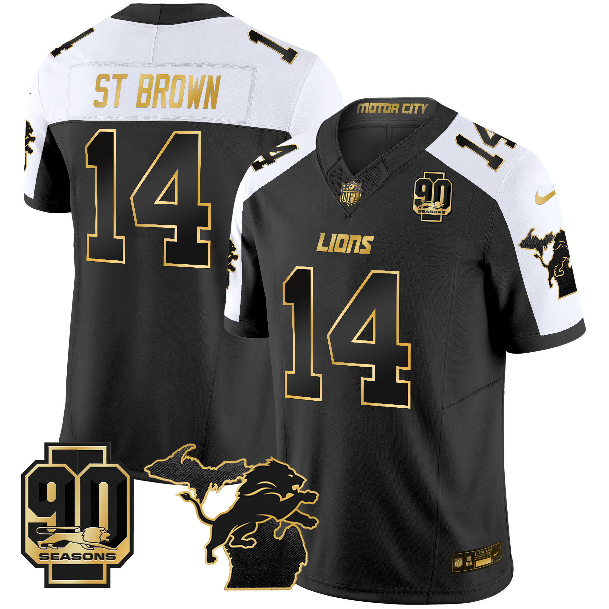 St. Brown Men's Detroit Lions 2024 Michigan & 90th Season Patch Gold Vapor Limited Alternate Jersey - All Stitched