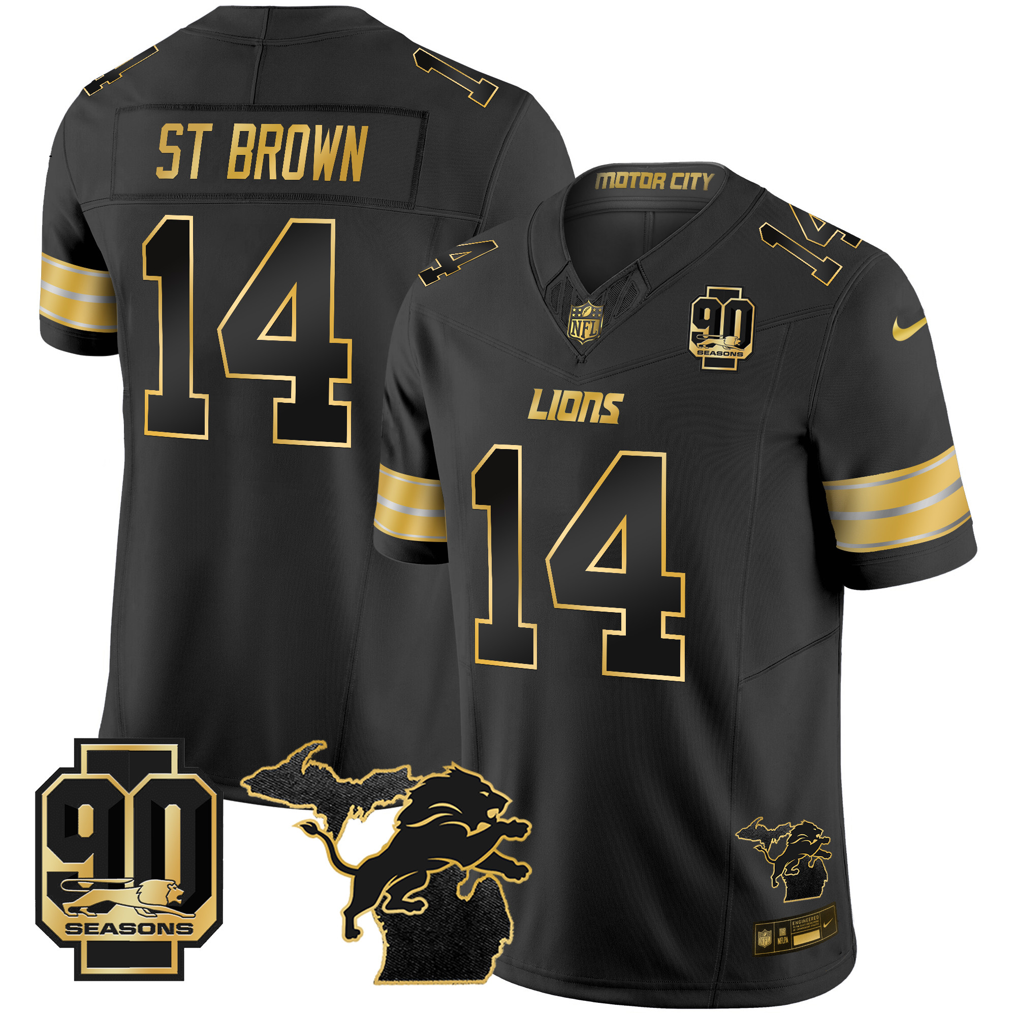 St. Brown Men's Detroit Lions 2024 Michigan & 90th Season Patch Gold Vapor Limited Black Gold Jersey - All Stitched