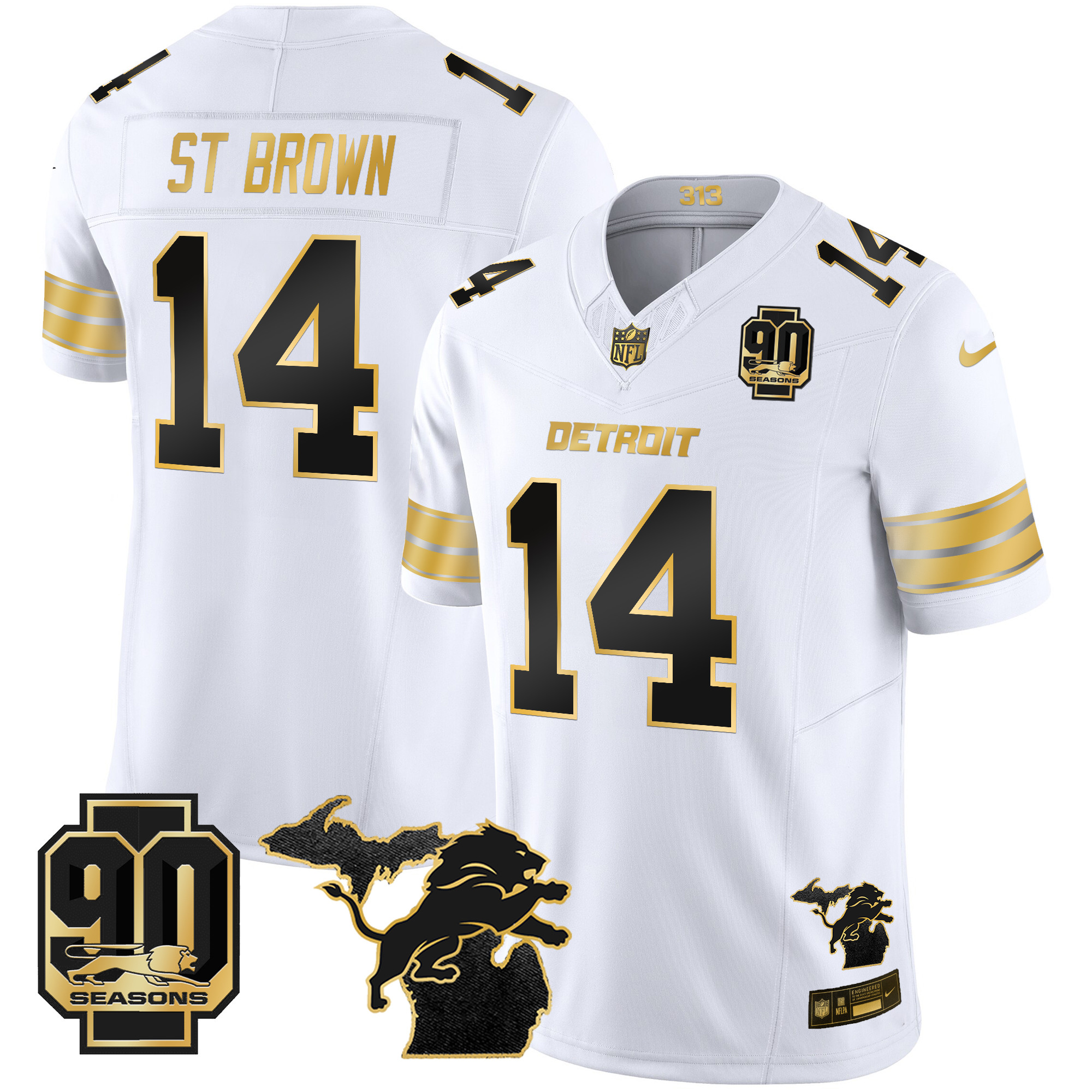 St. Brown Men's Detroit Lions 2024 Michigan & 90th Season Patch Gold Vapor Limited White Gold Jersey - All Stitched