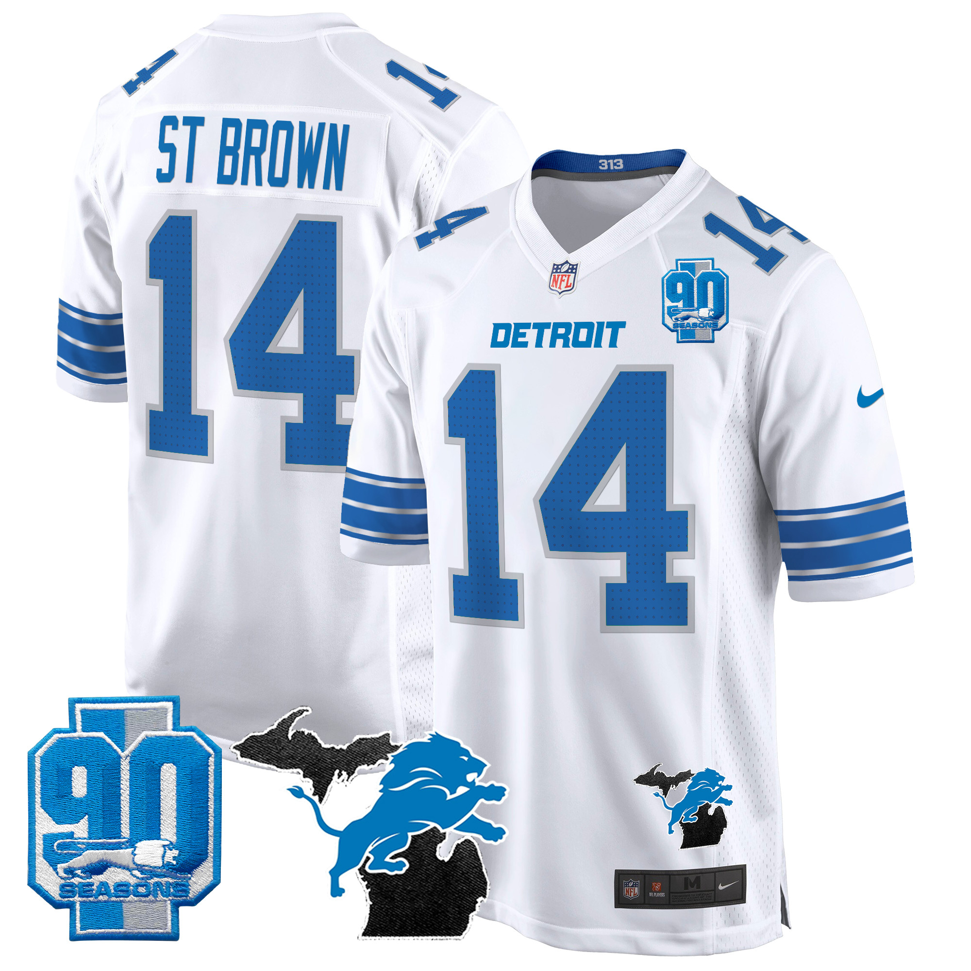 St. Brown Men's Detroit Lions 2024 Michigan & 90th Year Patch Game White Jersey - All Stitched