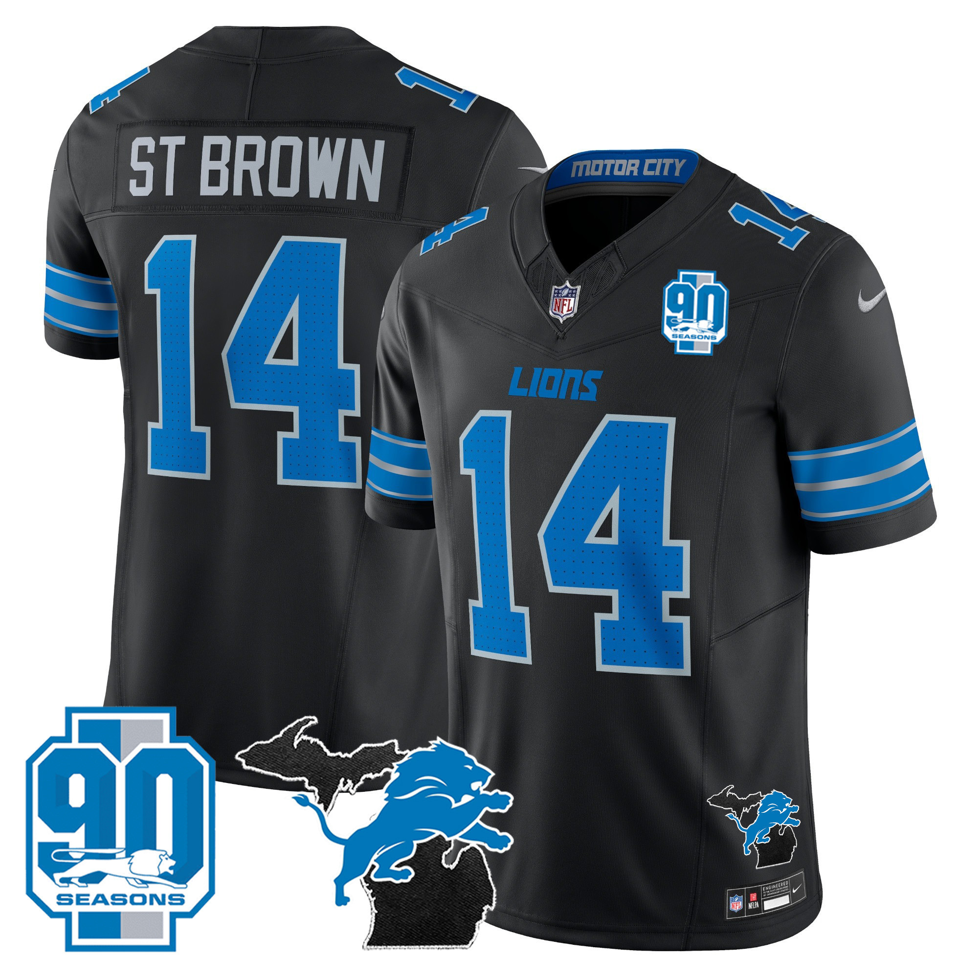 St. Brown Men's Detroit Lions 2024 Michigan & 90th Year Patch Vapor Black Jersey - All Stitched