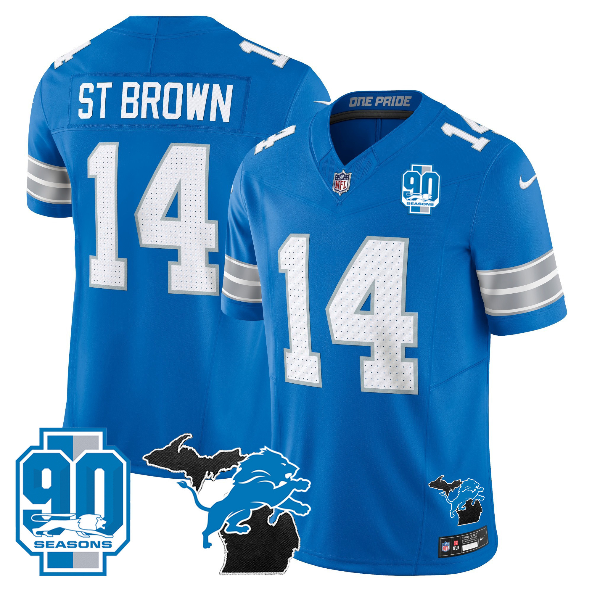 St. Brown Men's Detroit Lions 2024 Michigan & 90th Year Patch Vapor Blue Jersey - All Stitched