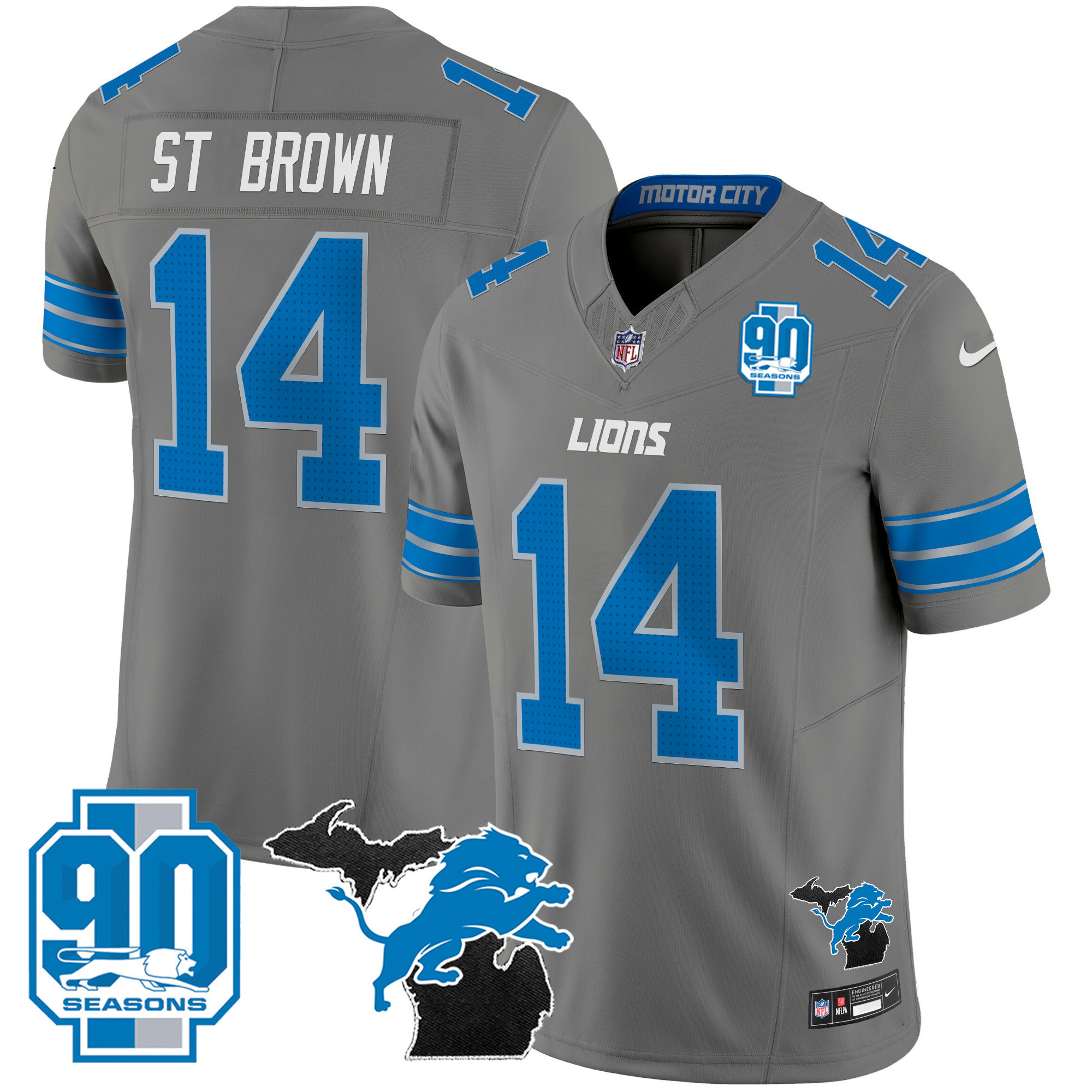 St. Brown Men's Detroit Lions 2024 Michigan & 90th Year Patch Vapor Gray Jersey - All Stitched