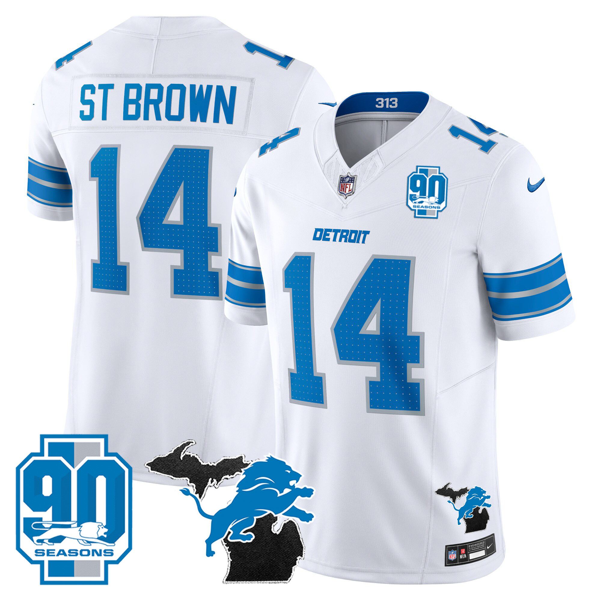 St. Brown Men's Detroit Lions 2024 Michigan & 90th Year Patch Vapor White Jersey - All Stitched