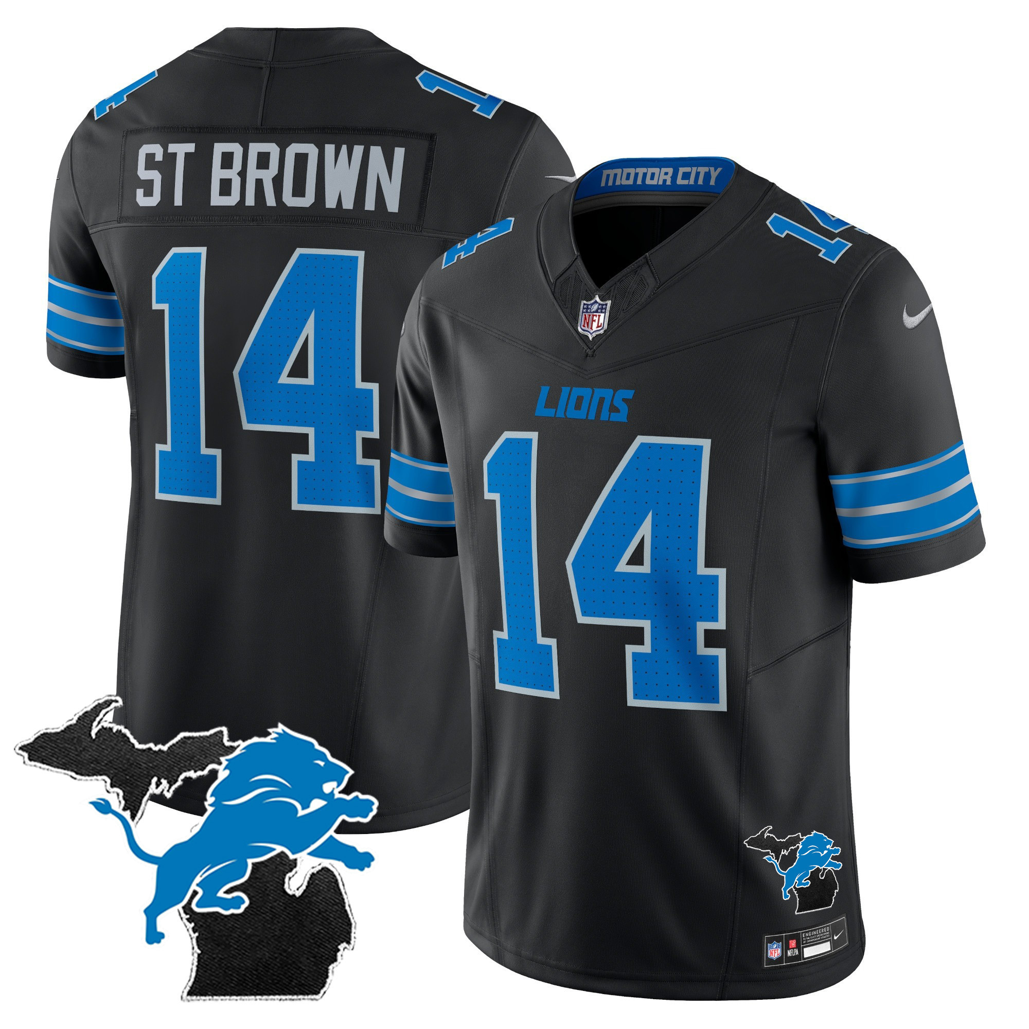 St. Brown Men's Detroit Lions 2024 Michigan Patch Vapor Limited Black Jersey - All Stitched