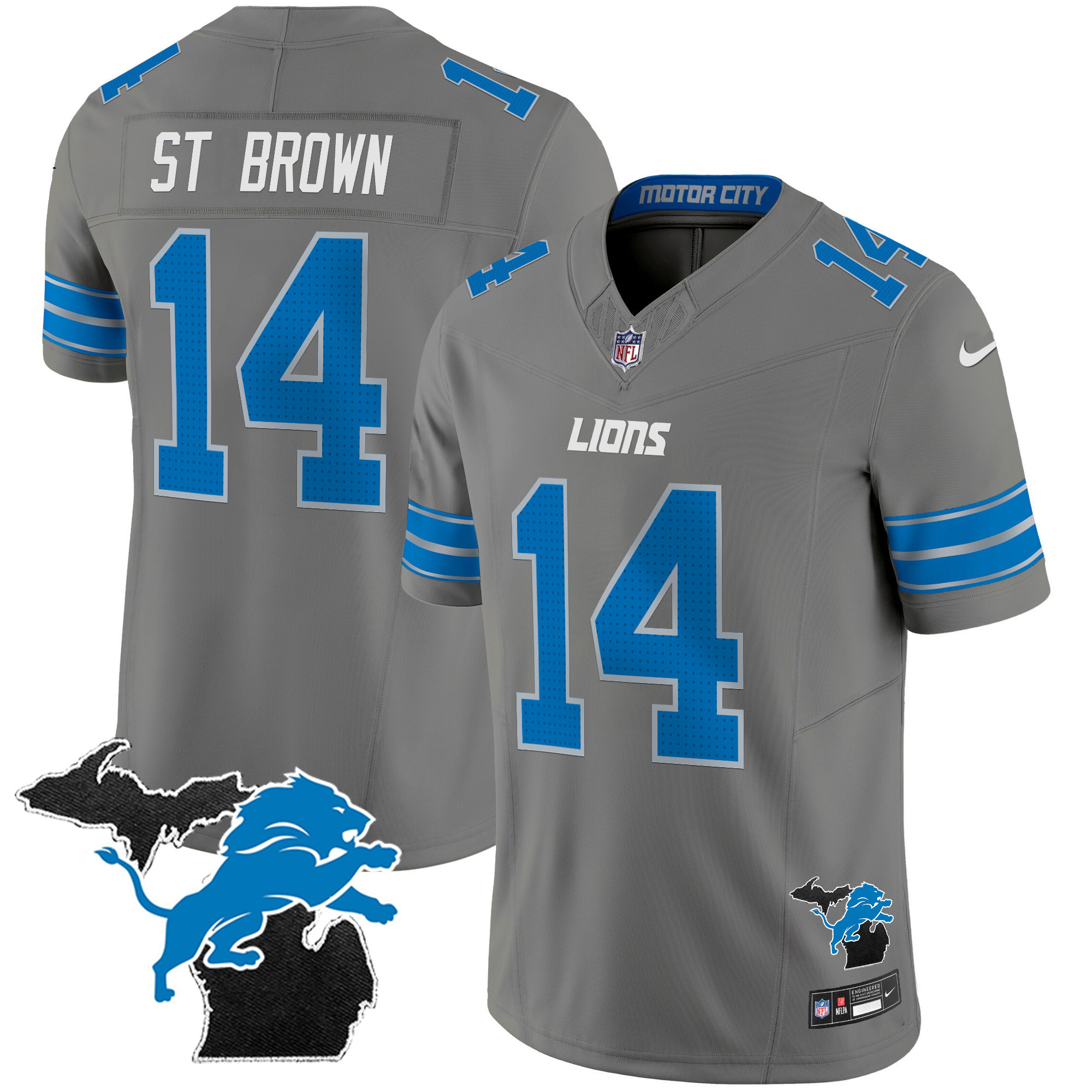 St. Brown Men's Detroit Lions 2024 Michigan Patch Vapor Limited Gray Jersey - All Stitched