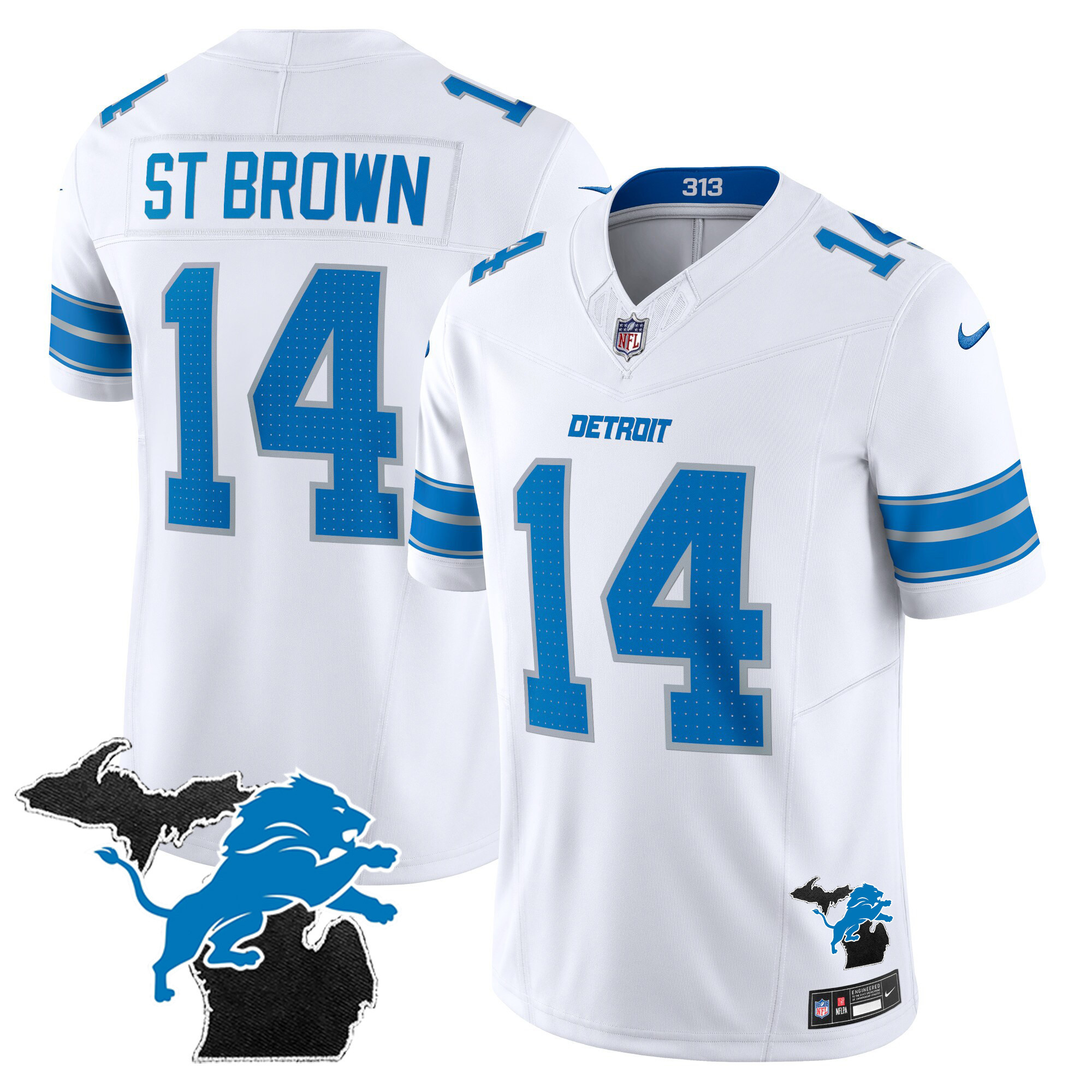 St. Brown Men's Detroit Lions 2024 Michigan Patch Vapor Limited White Jersey - All Stitched