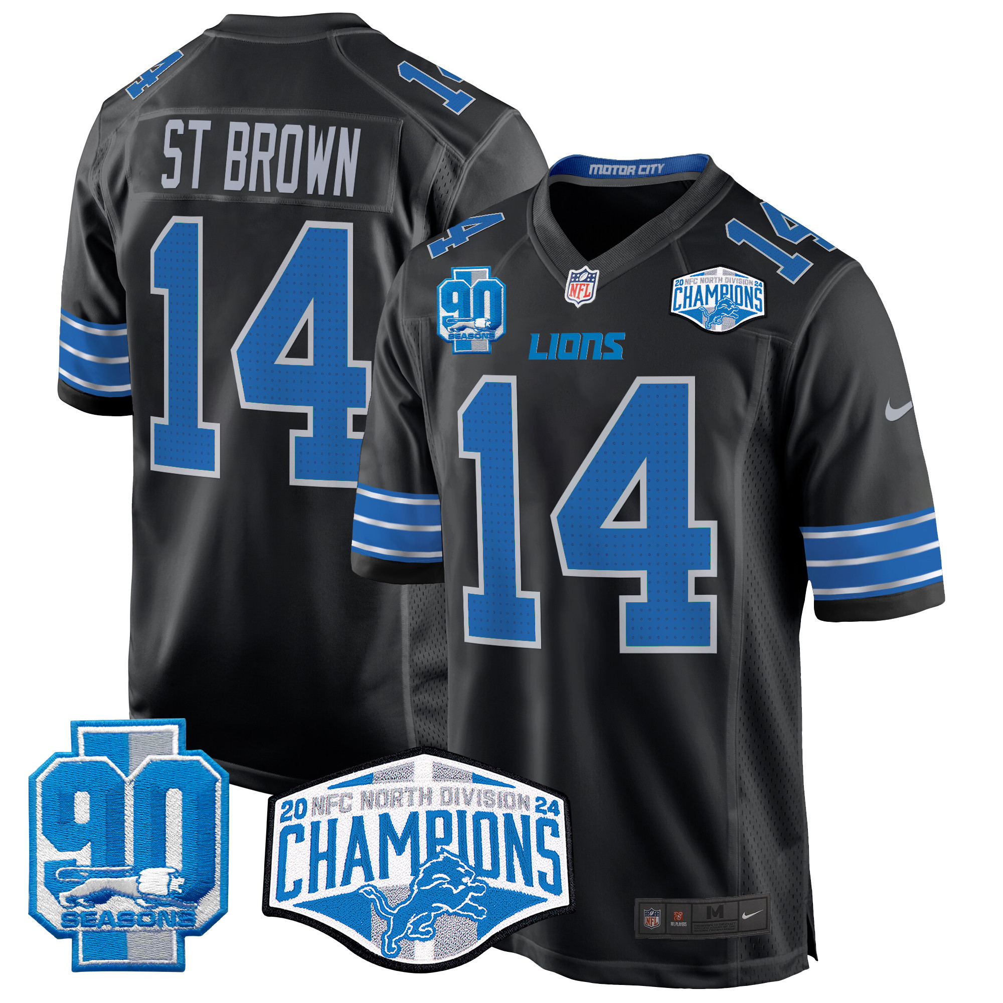 St. Brown Men's Detroit Lions 2024 NFC North Division Champions Patch Game Black Jersey - All Stitched