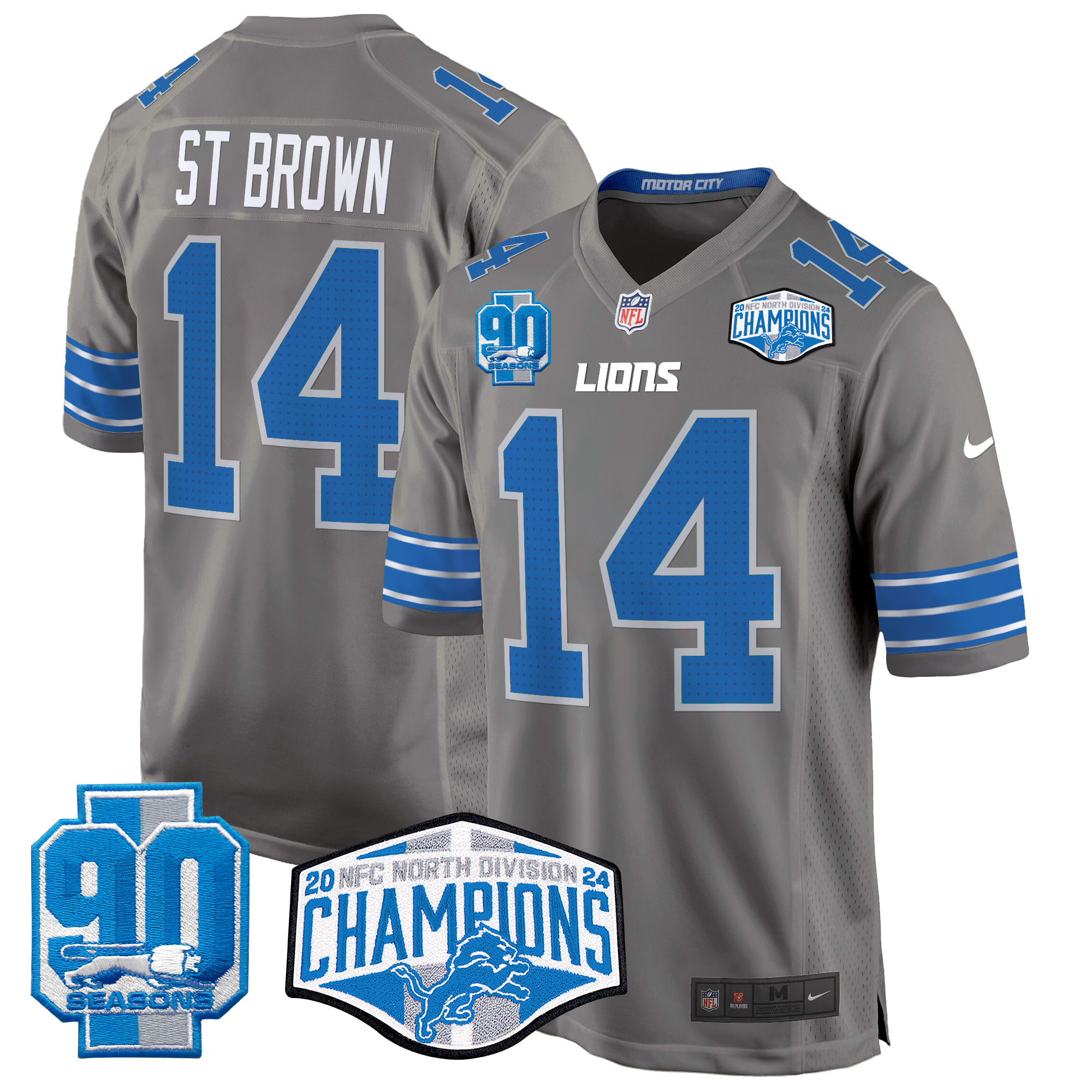 St. Brown Men's Detroit Lions 2024 NFC North Division Champions Patch Game Gray Jersey - All Stitched