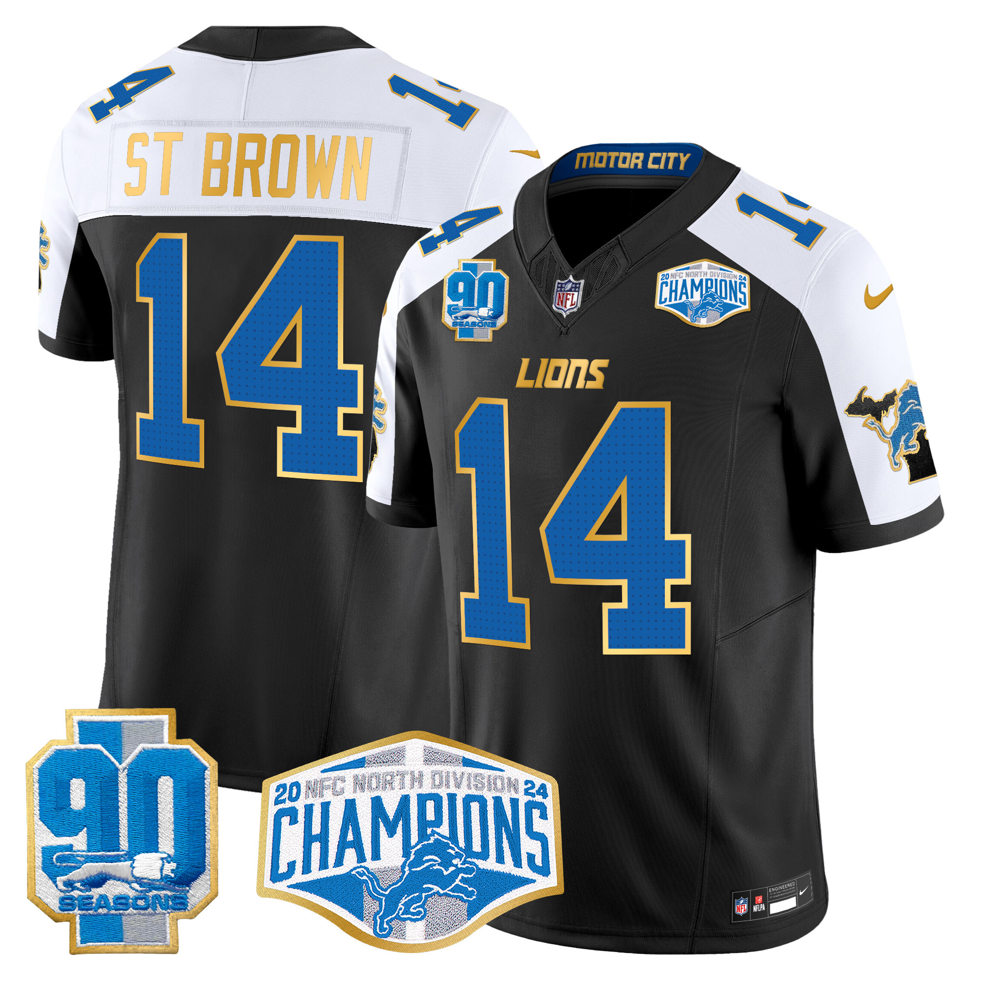 St. Brown Men's Detroit Lions 2024 NFC North Division Champions Patch Gold Trim Vapor Limited Black Alternate Jersey - All Stitched