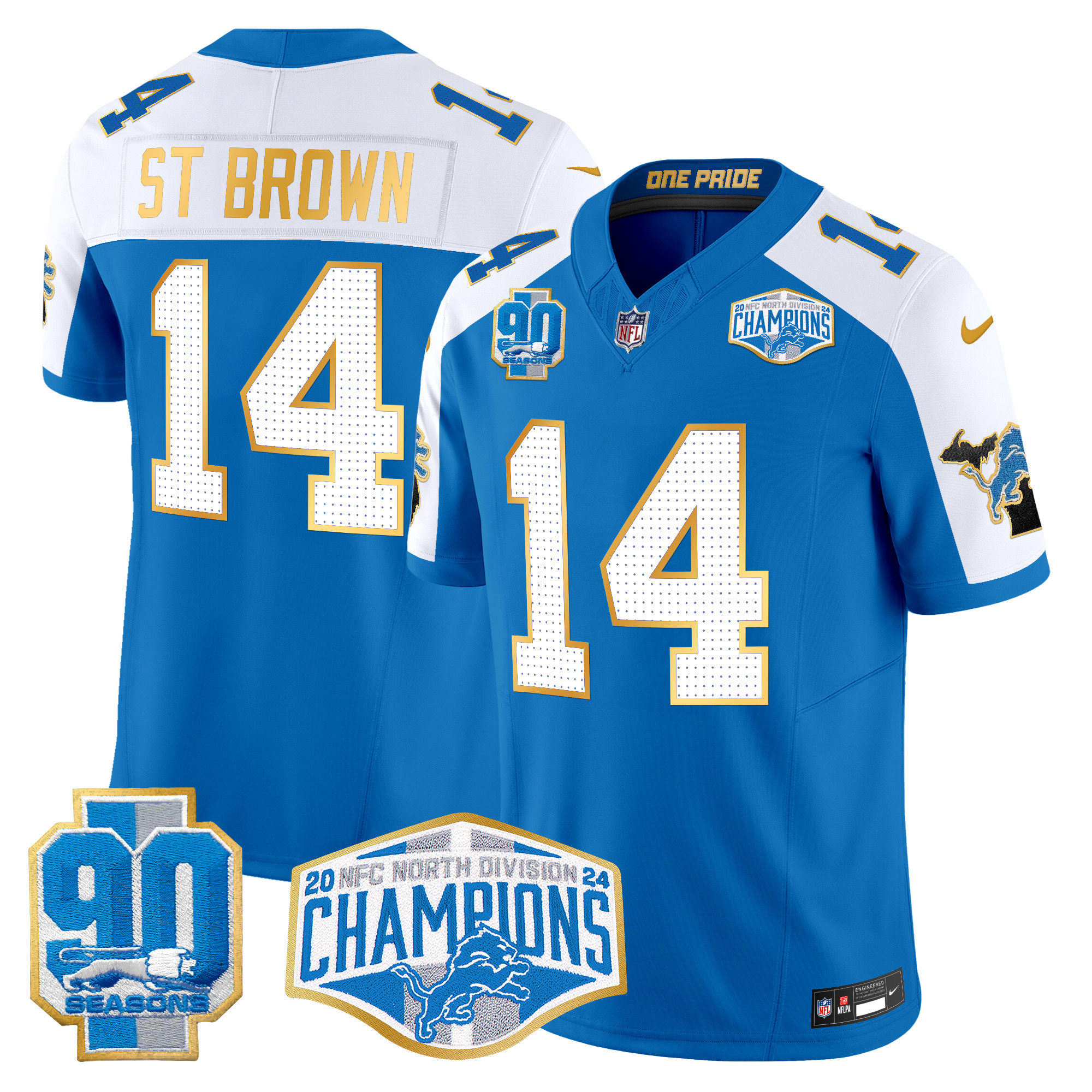 St. Brown Men's Detroit Lions 2024 NFC North Division Champions Patch Gold Trim Vapor Limited Blue Alternate Jersey - All Stitched