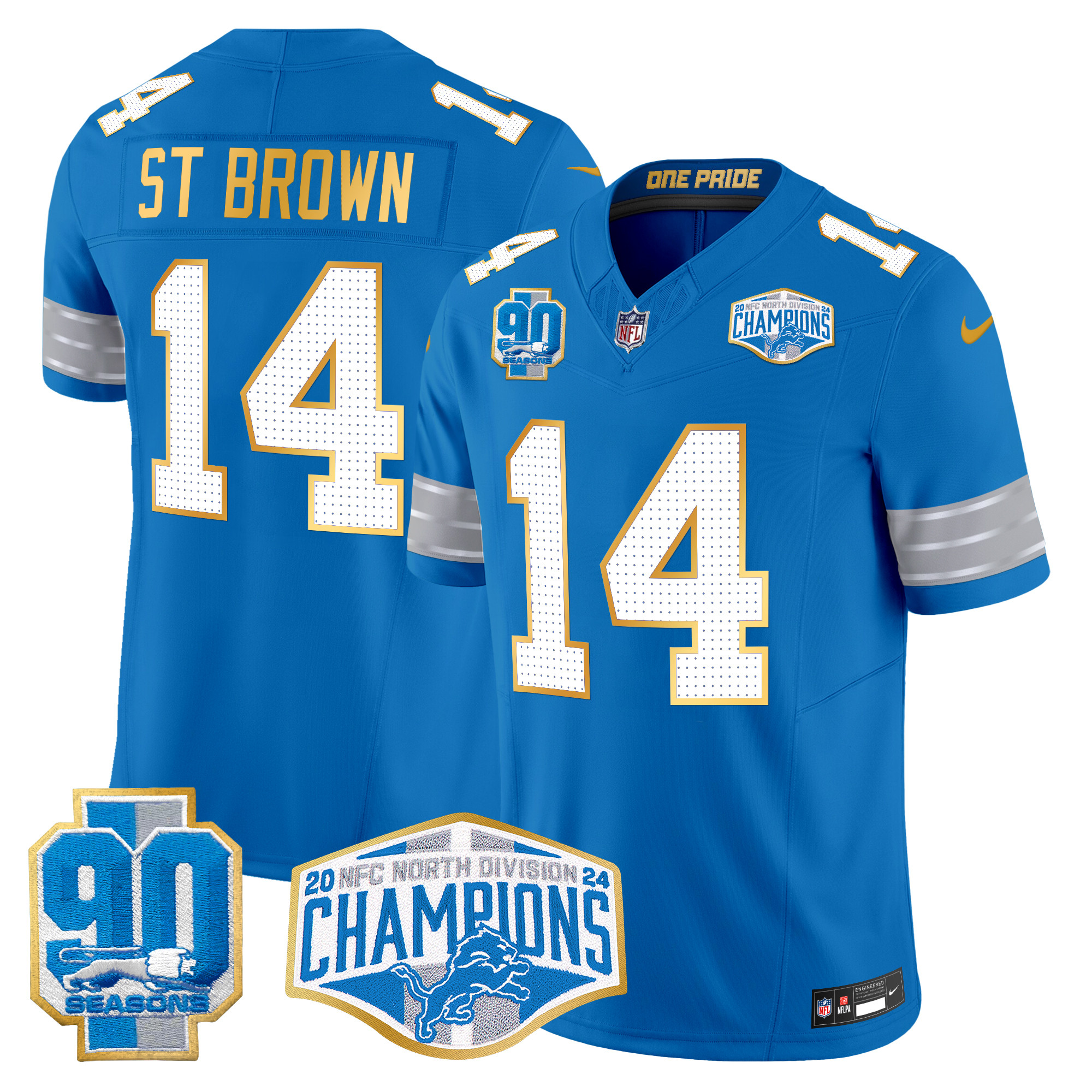 St. Brown Men's Detroit Lions 2024 NFC North Division Champions Patch Gold Trim Vapor Limited Blue Jersey - All Stitched