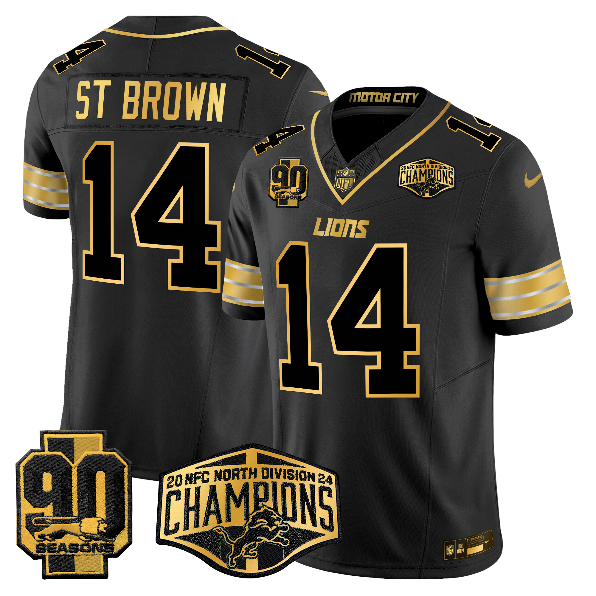 St. Brown Men's Detroit Lions 2024 NFC North Division Champions Patch Gold Vapor Limited Black Gold Jersey - All Stitched