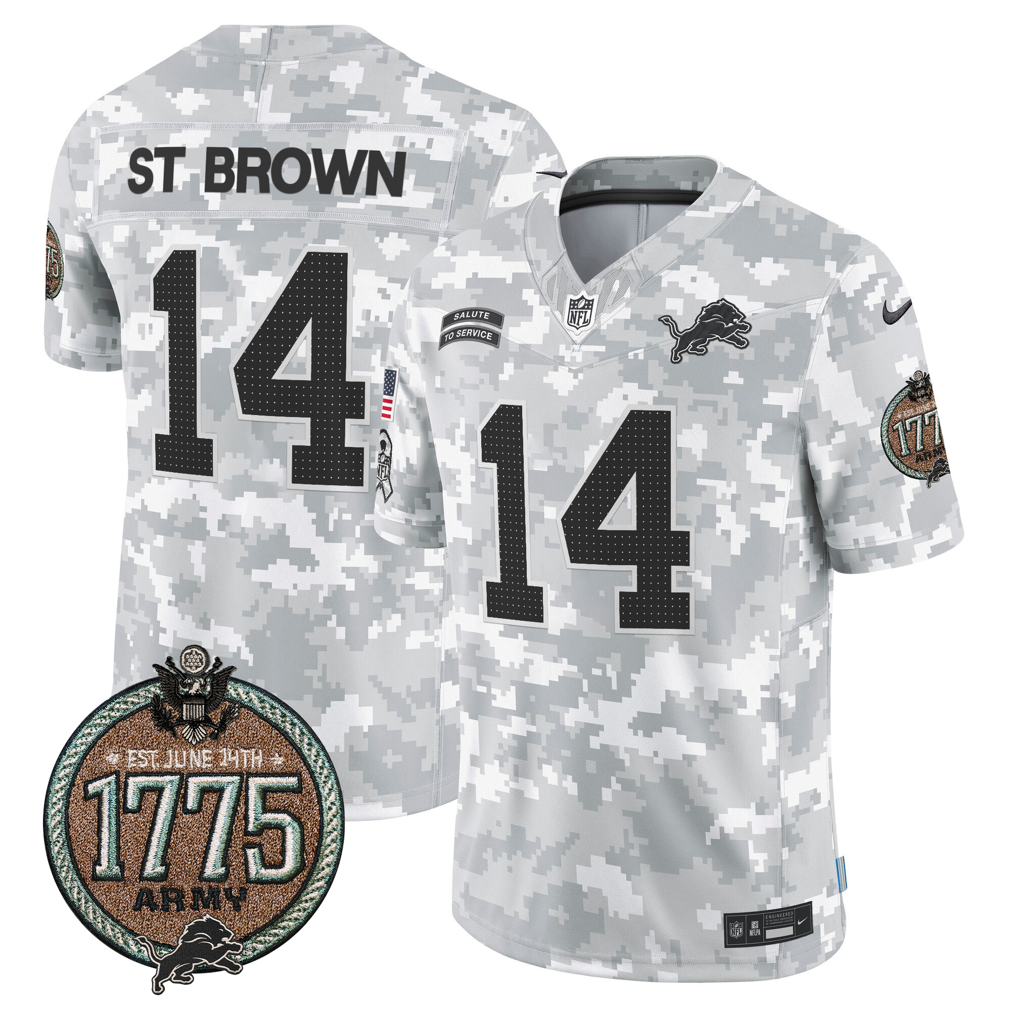 St. Brown Men's Detroit Lions 2024 Salute to Service Establishment Year Patch Vapor Limited Army Jersey - All Stitched