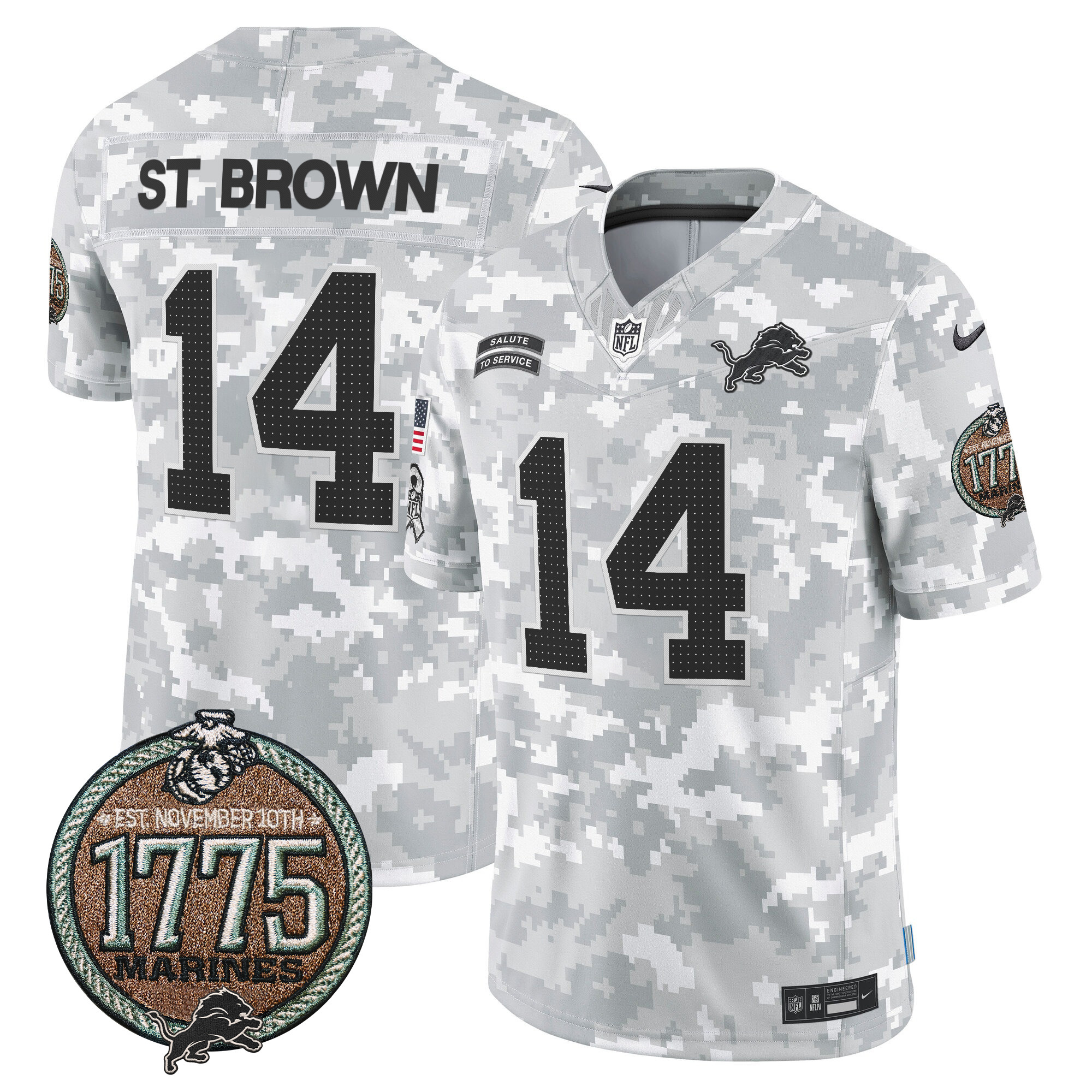 St. Brown Men's Detroit Lions 2024 Salute to Service Establishment Year Patch Vapor Limited Marines Jersey - All Stitched